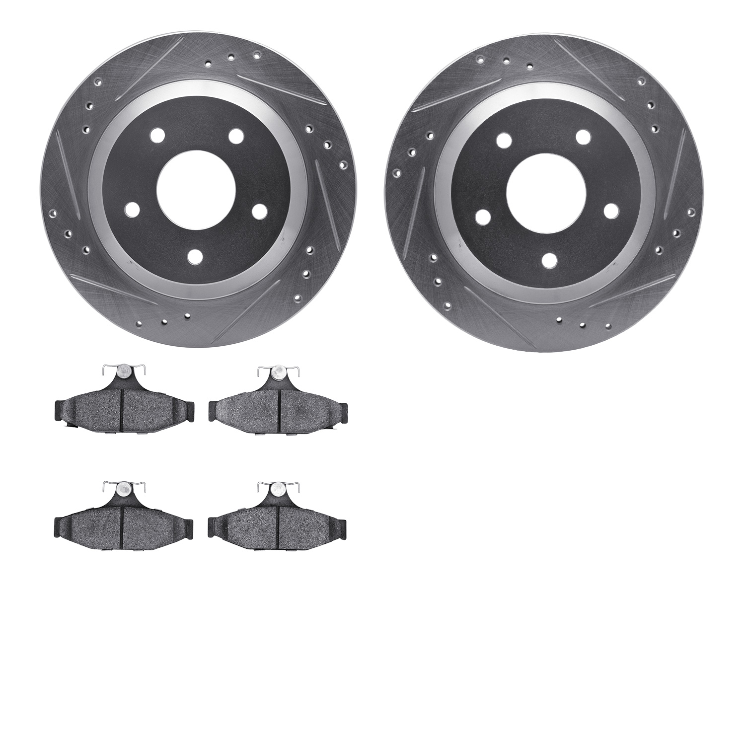 7502-52043 Drilled/Slotted Brake Rotors w/5000 Advanced Brake Pads Kit [Silver], 1985-1992 GM, Position: Rear