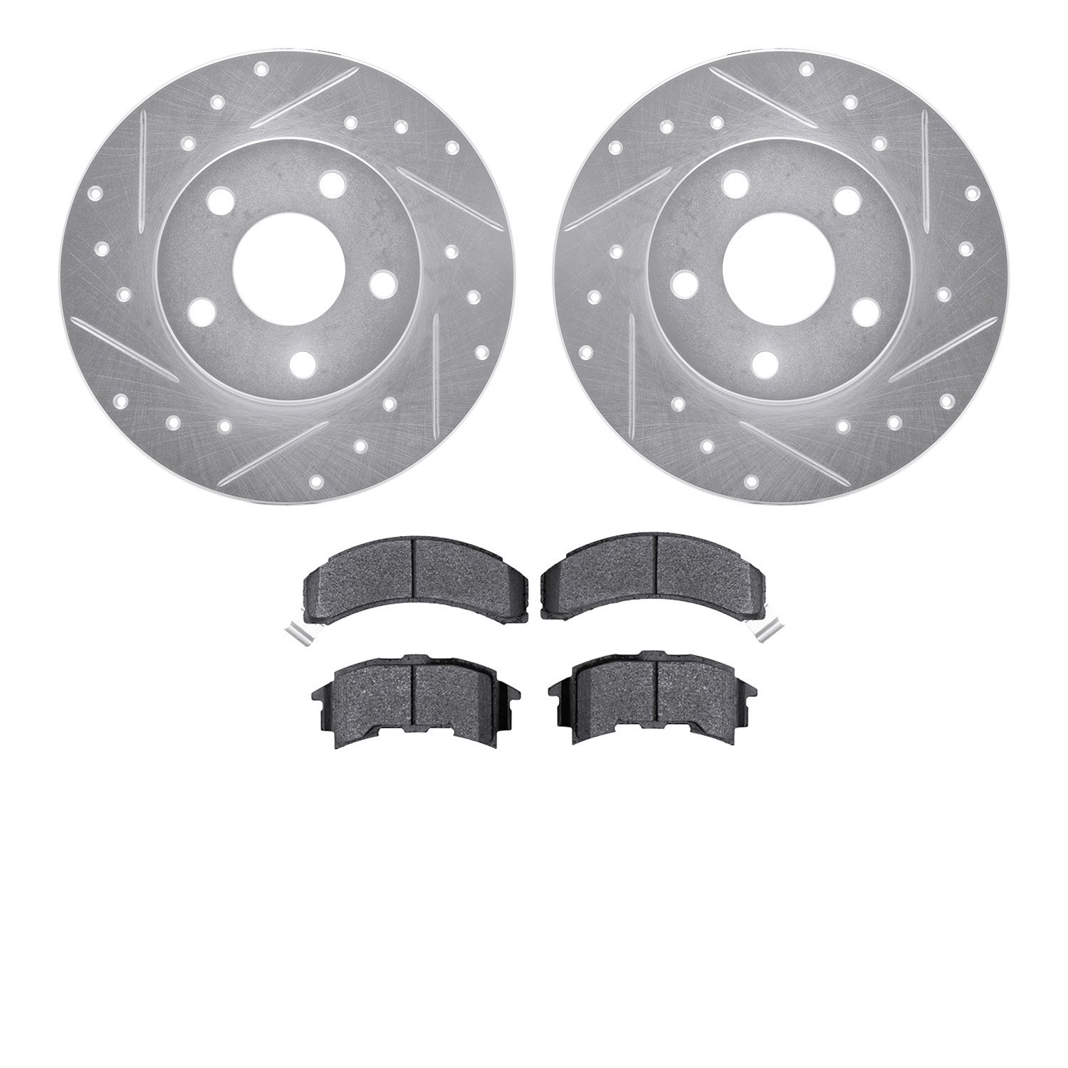 7502-52051 Drilled/Slotted Brake Rotors w/5000 Advanced Brake Pads Kit [Silver], 1984-1987 GM, Position: Rear