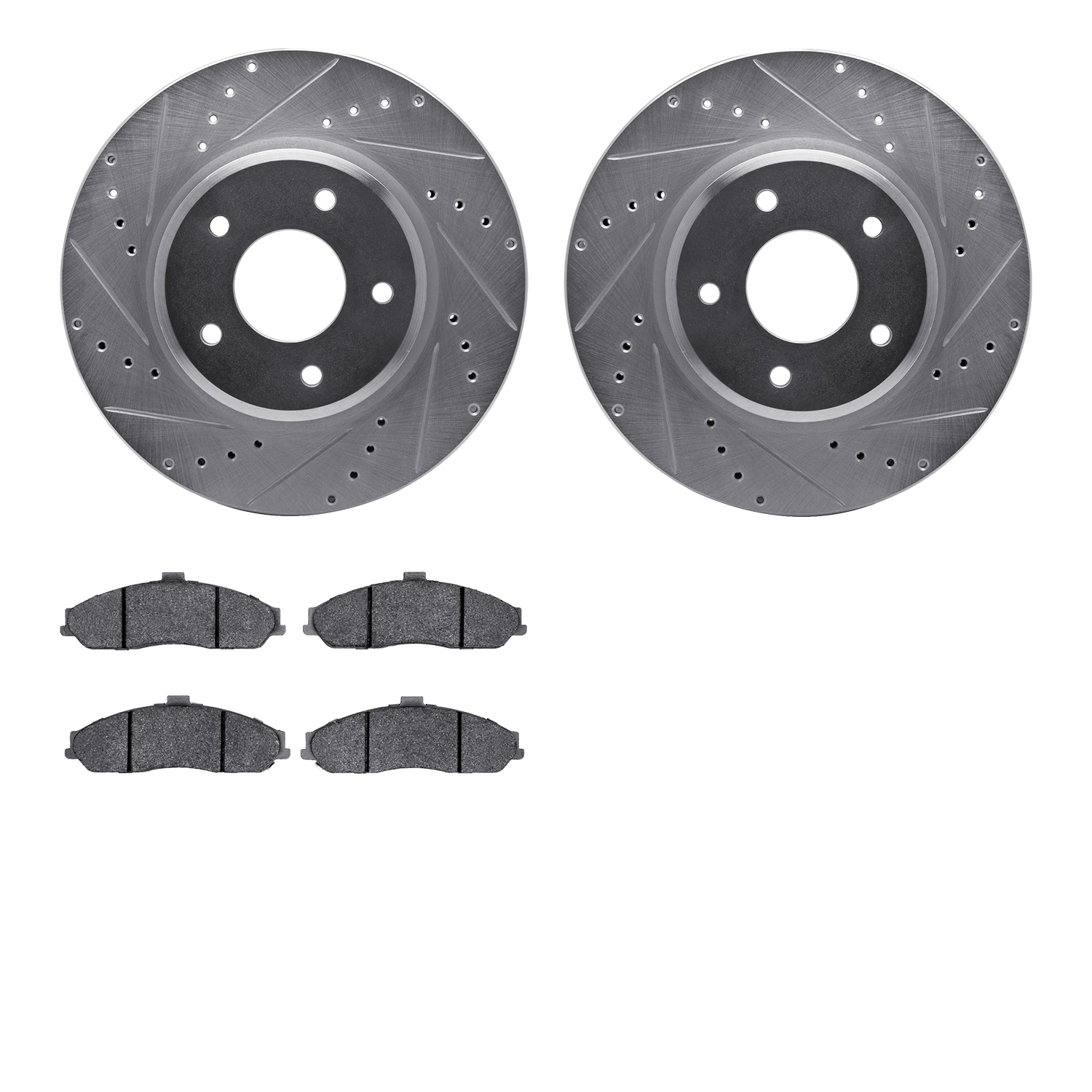 7502-52064 Drilled/Slotted Brake Rotors w/5000 Advanced Brake Pads Kit [Silver], 2005-2006 GM, Position: Front