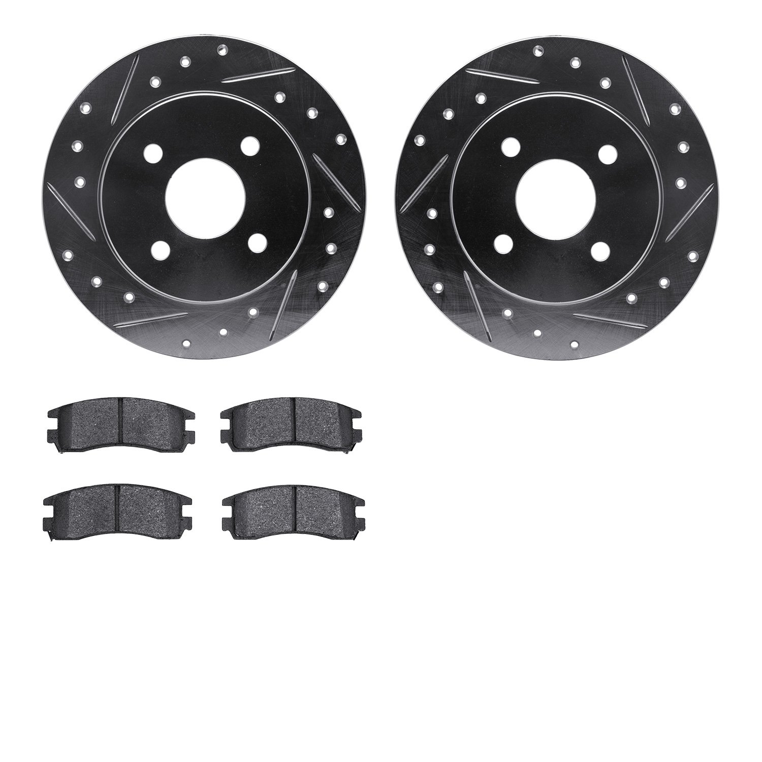 7502-53010 Drilled/Slotted Brake Rotors w/5000 Advanced Brake Pads Kit [Silver], 1991-1998 GM, Position: Rear