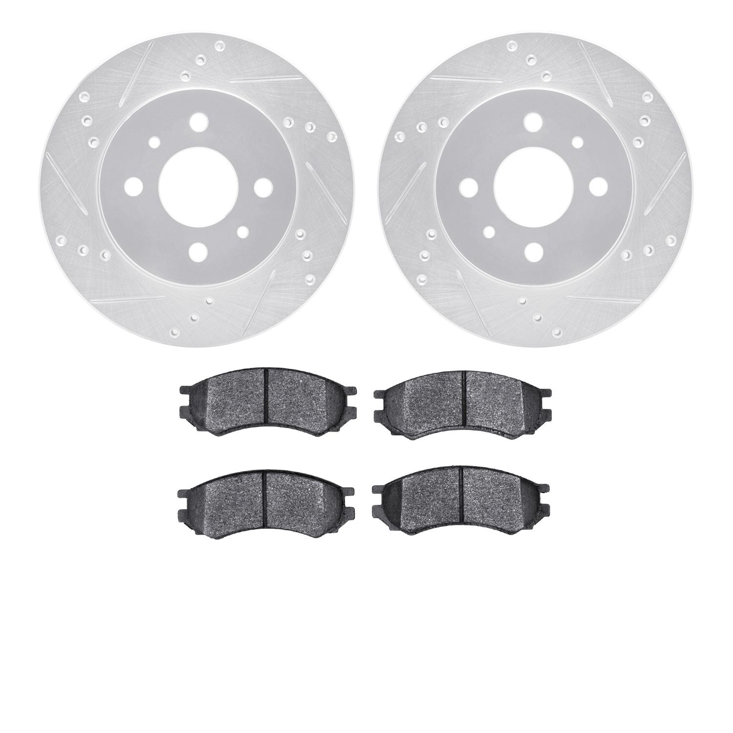 7502-53016 Drilled/Slotted Brake Rotors w/5000 Advanced Brake Pads Kit [Silver], 1991-1996 GM, Position: Front