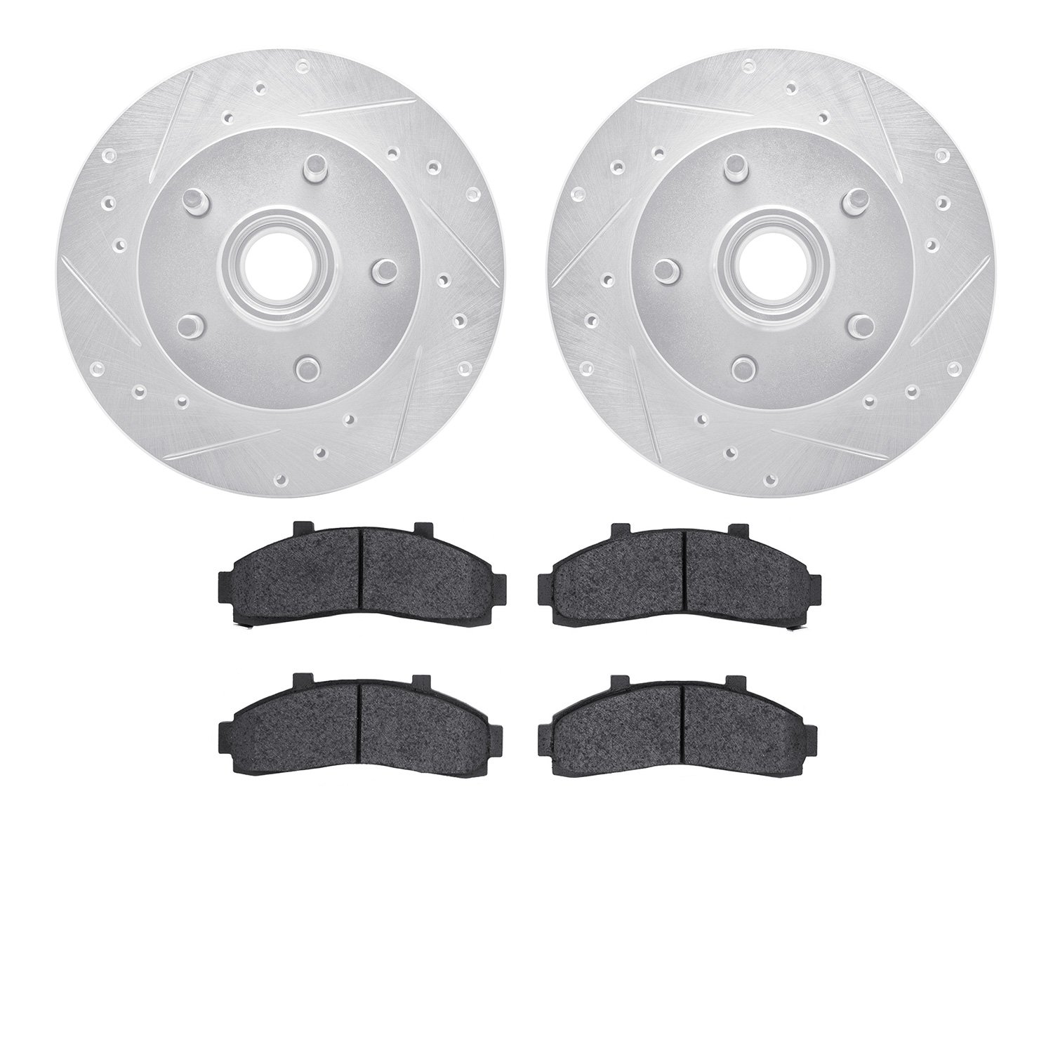 7502-54100 Drilled/Slotted Brake Rotors w/5000 Advanced Brake Pads Kit [Silver], 1995-1997 Ford/Lincoln/Mercury/Mazda, Position: