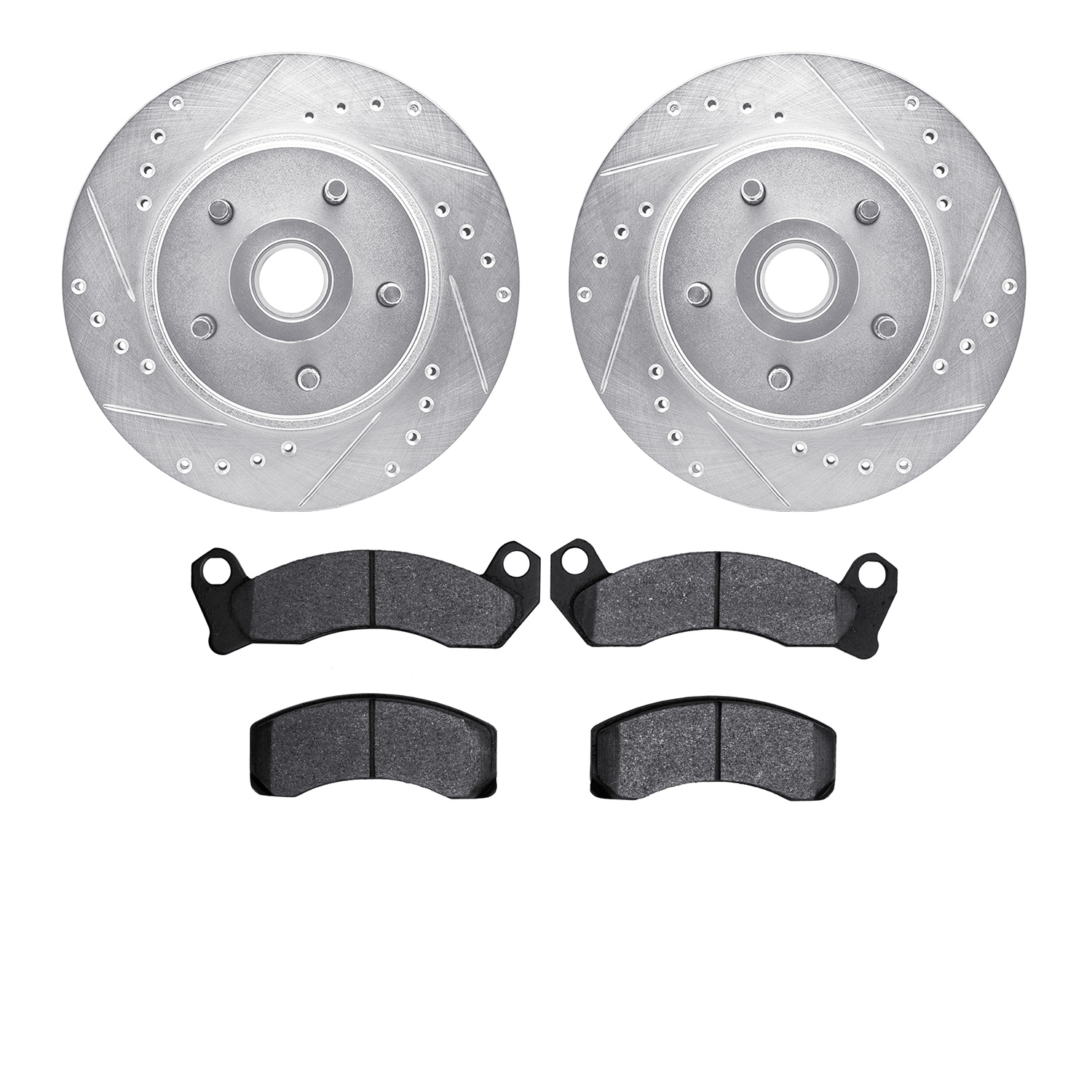 7502-54273 Drilled/Slotted Brake Rotors w/5000 Advanced Brake Pads Kit [Silver], 1982-1987 Ford/Lincoln/Mercury/Mazda, Position:
