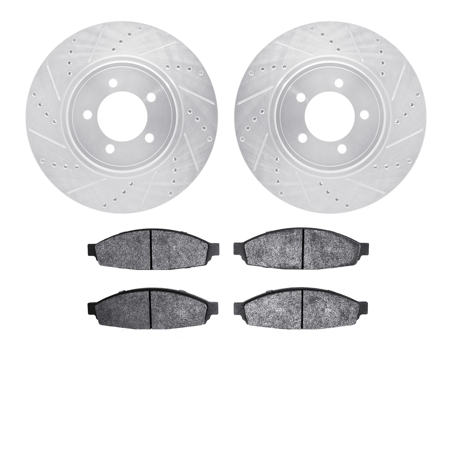 7502-55007 Drilled/Slotted Brake Rotors w/5000 Advanced Brake Pads Kit [Silver], 2003-2005 Ford/Lincoln/Mercury/Mazda, Position: