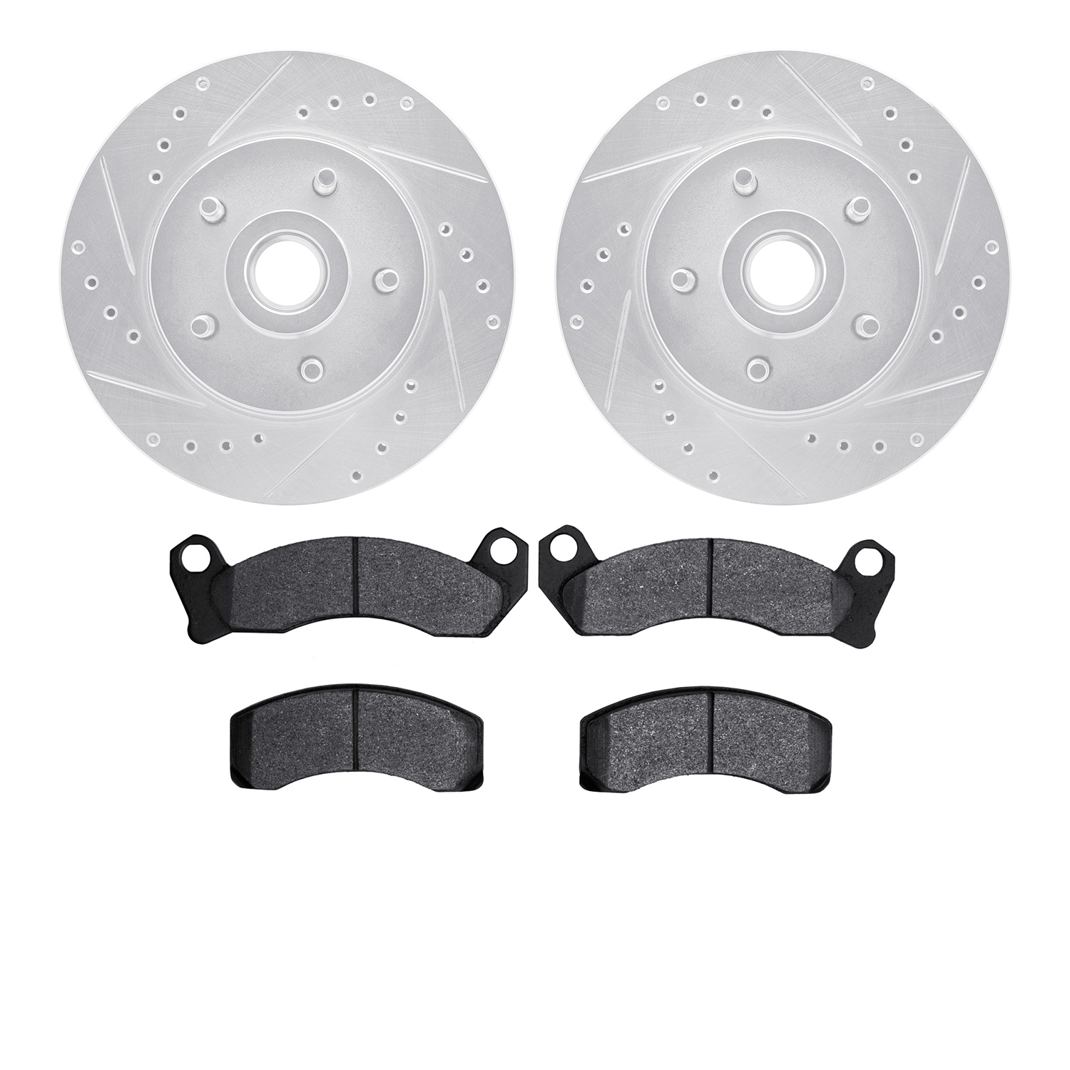 7502-55014 Drilled/Slotted Brake Rotors w/5000 Advanced Brake Pads Kit [Silver], 1984-1987 Ford/Lincoln/Mercury/Mazda, Position: