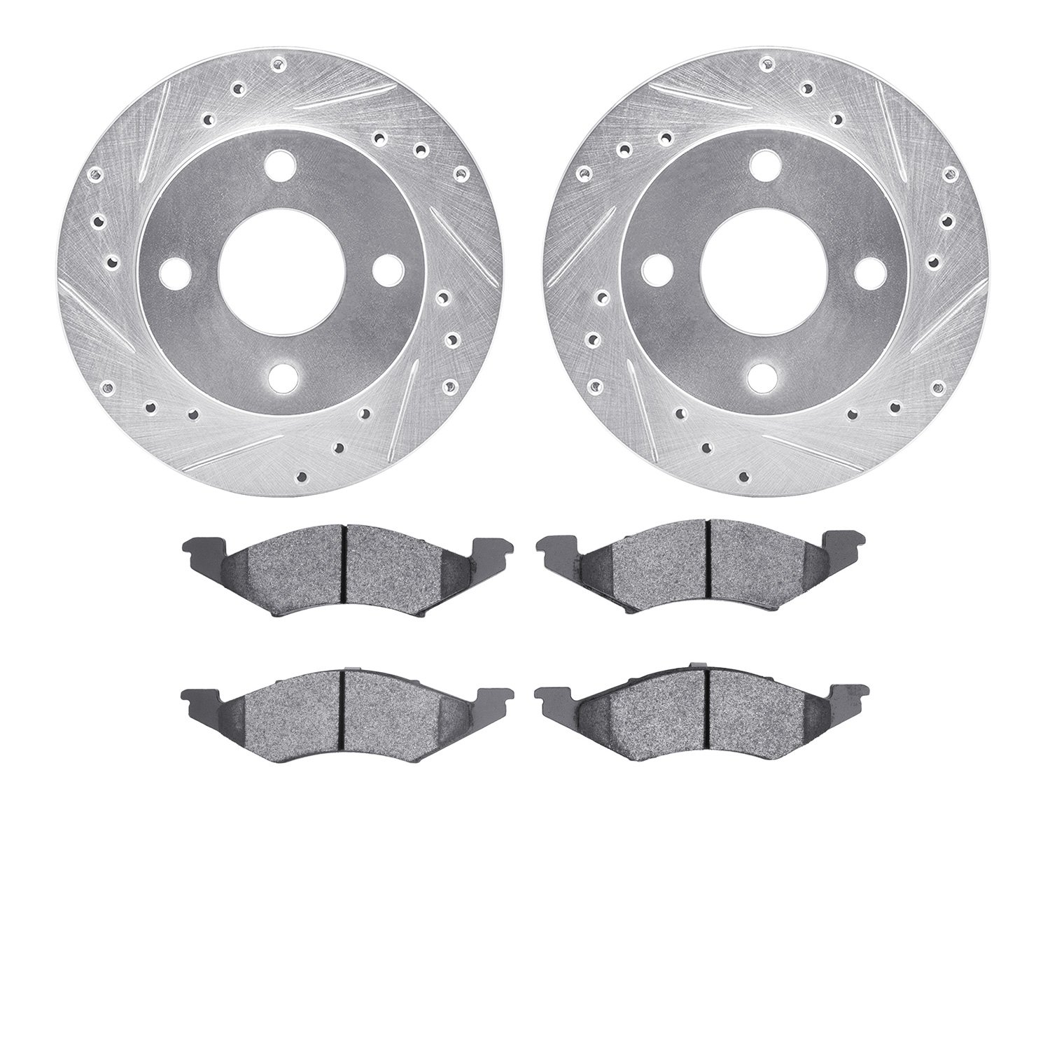 7502-55028 Drilled/Slotted Brake Rotors w/5000 Advanced Brake Pads Kit [Silver], 1981-1983 Ford/Lincoln/Mercury/Mazda, Position: