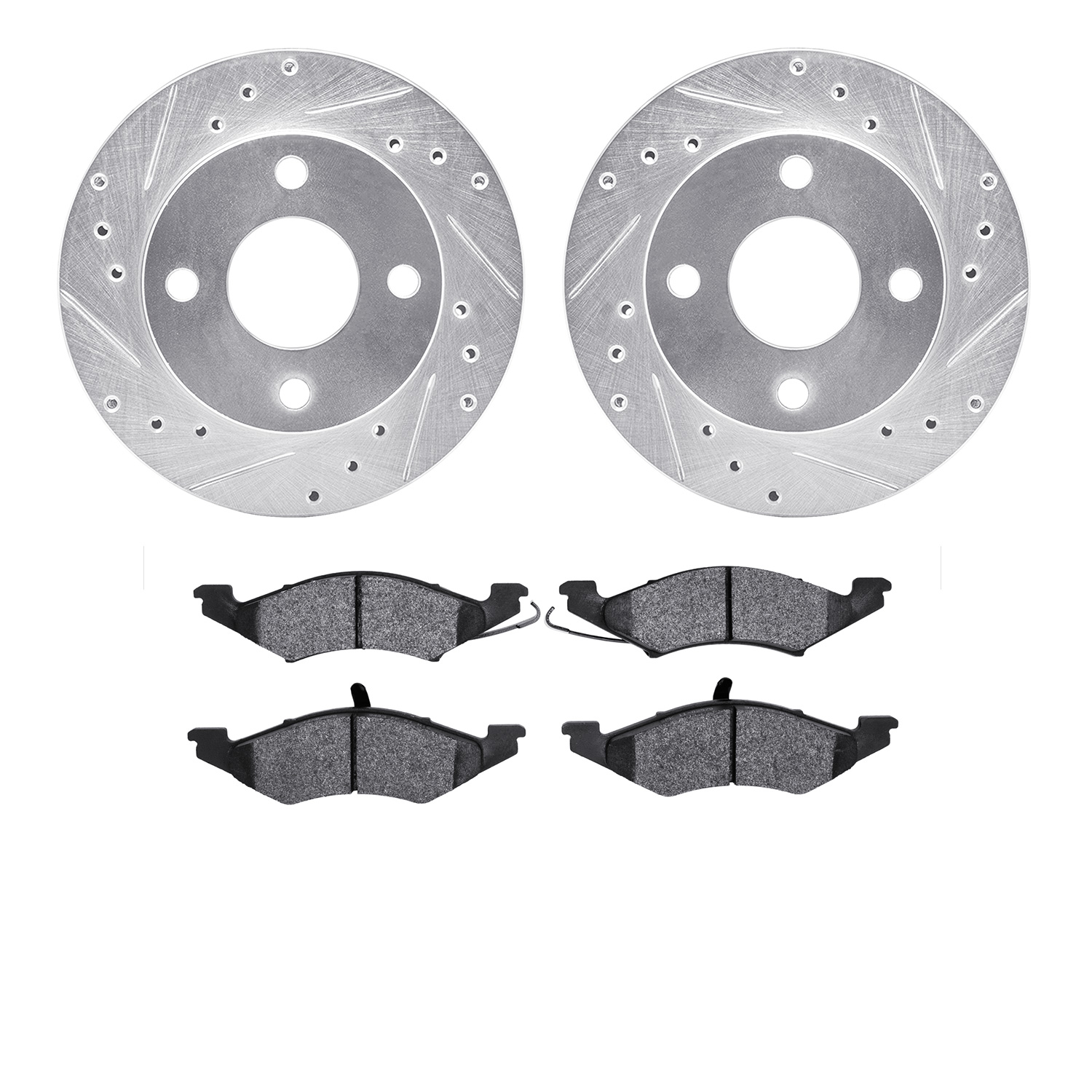 7502-55029 Drilled/Slotted Brake Rotors w/5000 Advanced Brake Pads Kit [Silver], 1983-1994 Ford/Lincoln/Mercury/Mazda, Position: