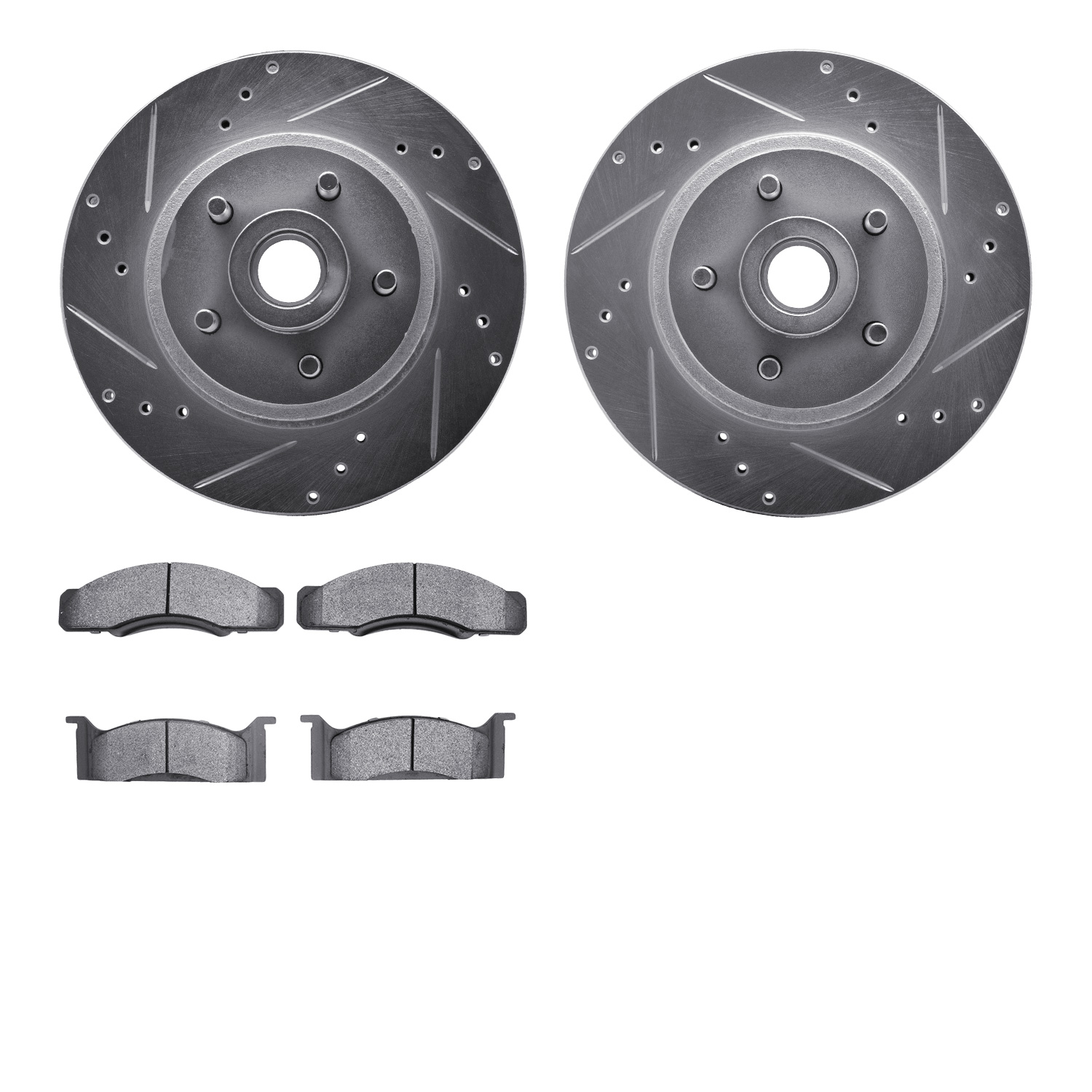 7502-55037 Drilled/Slotted Brake Rotors w/5000 Advanced Brake Pads Kit [Silver], 1970-1972 Ford/Lincoln/Mercury/Mazda, Position: