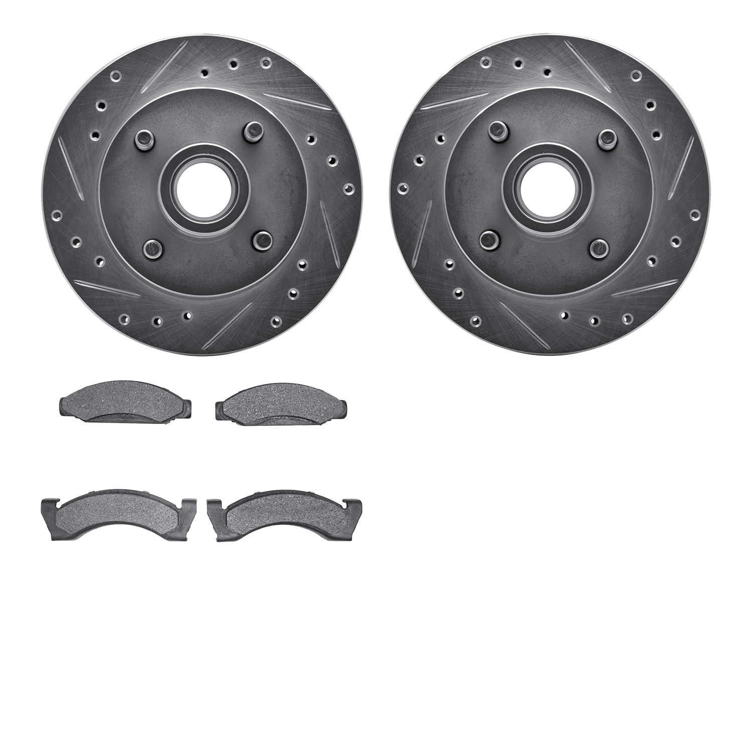 7502-55046 Drilled/Slotted Brake Rotors w/5000 Advanced Brake Pads Kit [Silver], 1974-1980 Ford/Lincoln/Mercury/Mazda, Position: