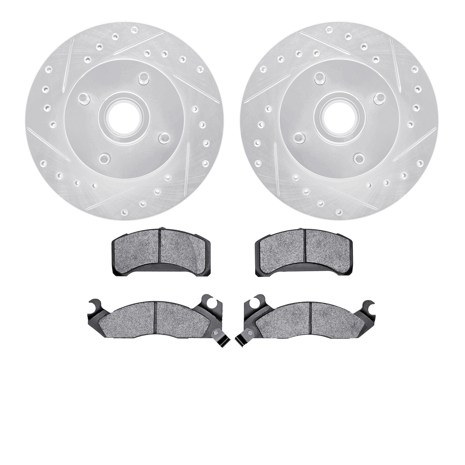 7502-55056 Drilled/Slotted Brake Rotors w/5000 Advanced Brake Pads Kit [Silver], 1982-1993 Ford/Lincoln/Mercury/Mazda, Position: