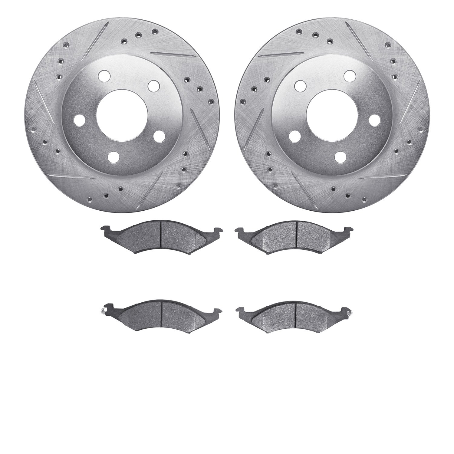 7502-55069 Drilled/Slotted Brake Rotors w/5000 Advanced Brake Pads Kit [Silver], 1986-1988 Ford/Lincoln/Mercury/Mazda, Position: