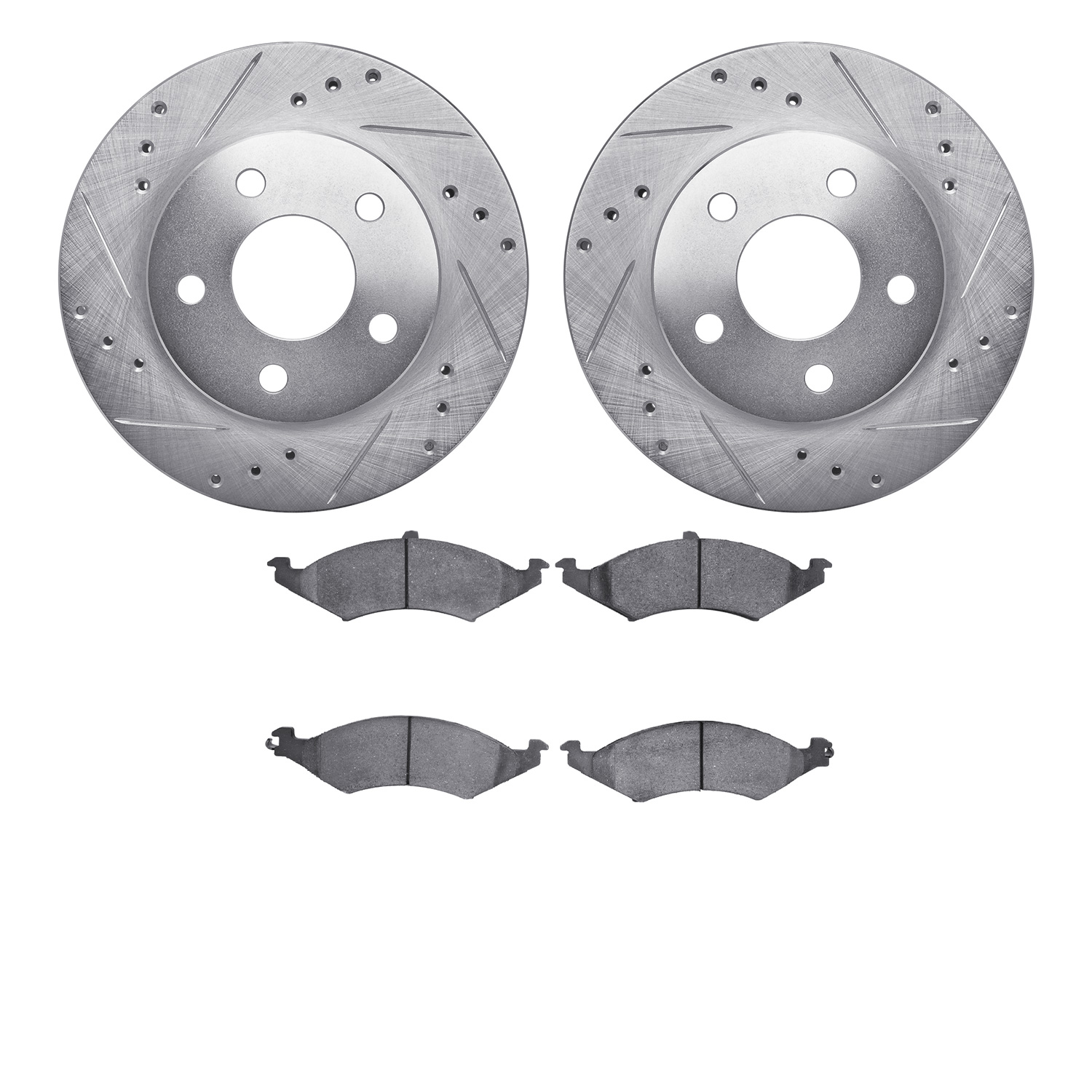 7502-55070 Drilled/Slotted Brake Rotors w/5000 Advanced Brake Pads Kit [Silver], 1986-1988 Ford/Lincoln/Mercury/Mazda, Position: