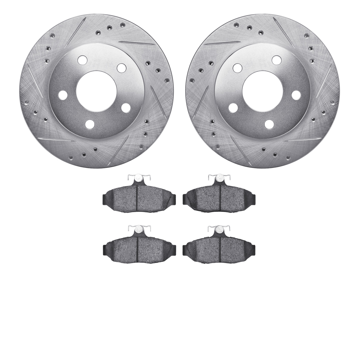 7502-55071 Drilled/Slotted Brake Rotors w/5000 Advanced Brake Pads Kit [Silver], 1986-1992 Ford/Lincoln/Mercury/Mazda, Position: