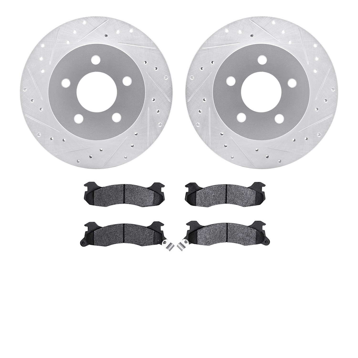 7502-55078 Drilled/Slotted Brake Rotors w/5000 Advanced Brake Pads Kit [Silver], 1982-1990 Ford/Lincoln/Mercury/Mazda, Position: