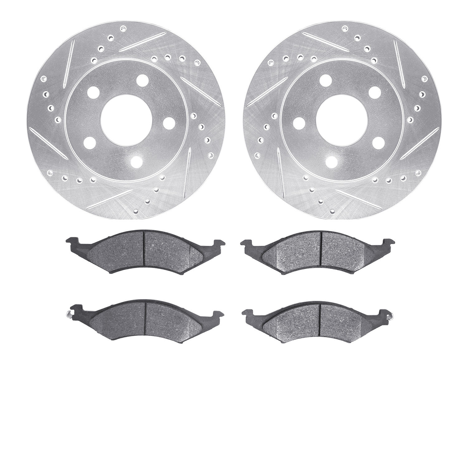 7502-55081 Drilled/Slotted Brake Rotors w/5000 Advanced Brake Pads Kit [Silver], 1986-1992 Ford/Lincoln/Mercury/Mazda, Position: