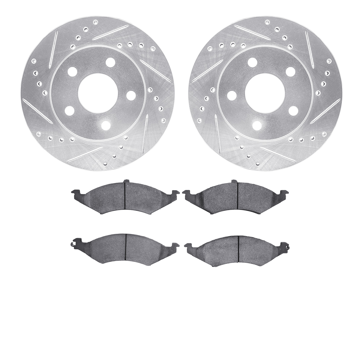 7502-55082 Drilled/Slotted Brake Rotors w/5000 Advanced Brake Pads Kit [Silver], 1986-1992 Ford/Lincoln/Mercury/Mazda, Position: