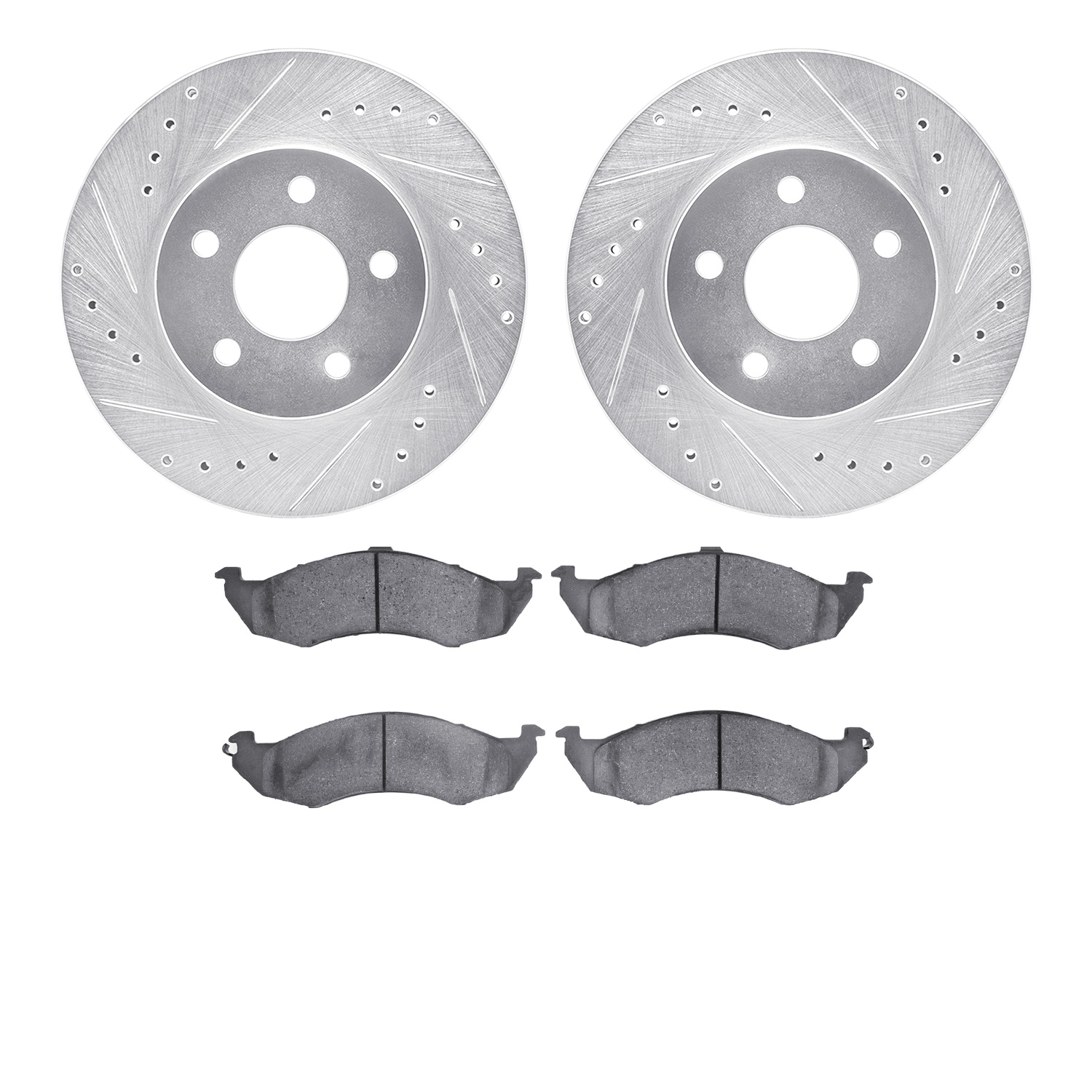 7502-55099 Drilled/Slotted Brake Rotors w/5000 Advanced Brake Pads Kit [Silver], 1989-1990 Ford/Lincoln/Mercury/Mazda, Position: