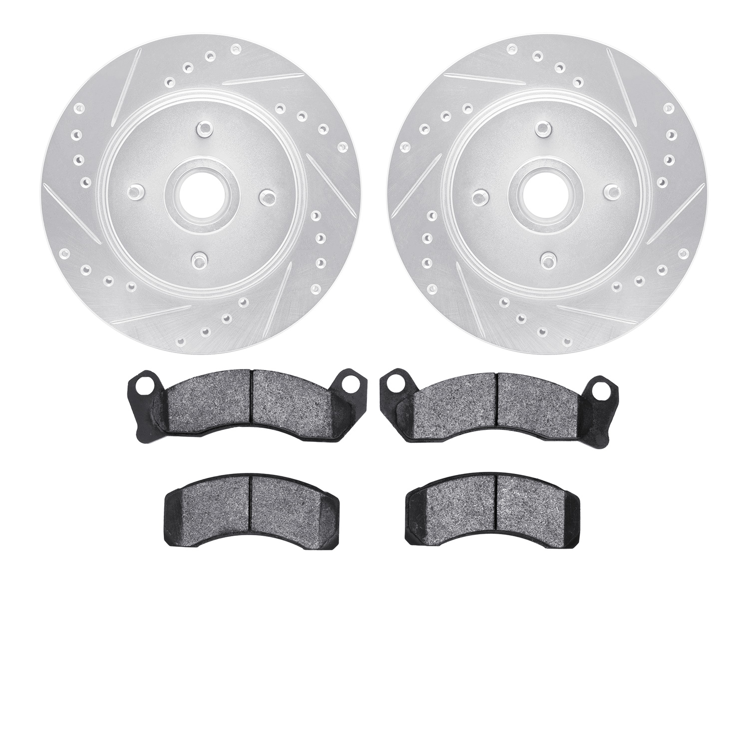 7502-55102 Drilled/Slotted Brake Rotors w/5000 Advanced Brake Pads Kit [Silver], 1987-1988 Ford/Lincoln/Mercury/Mazda, Position: