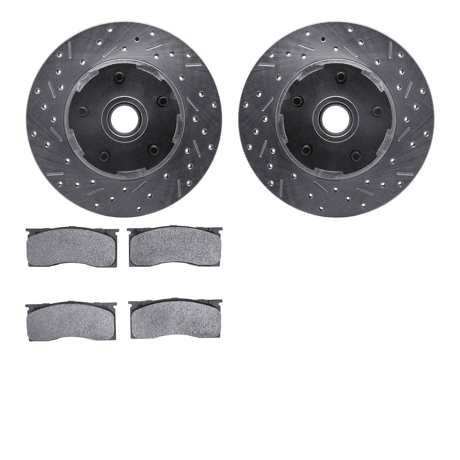 7502-55153 Drilled/Slotted Brake Rotors w/5000 Advanced Brake Pads Kit [Silver], 1965-1967 Ford/Lincoln/Mercury/Mazda, Position: