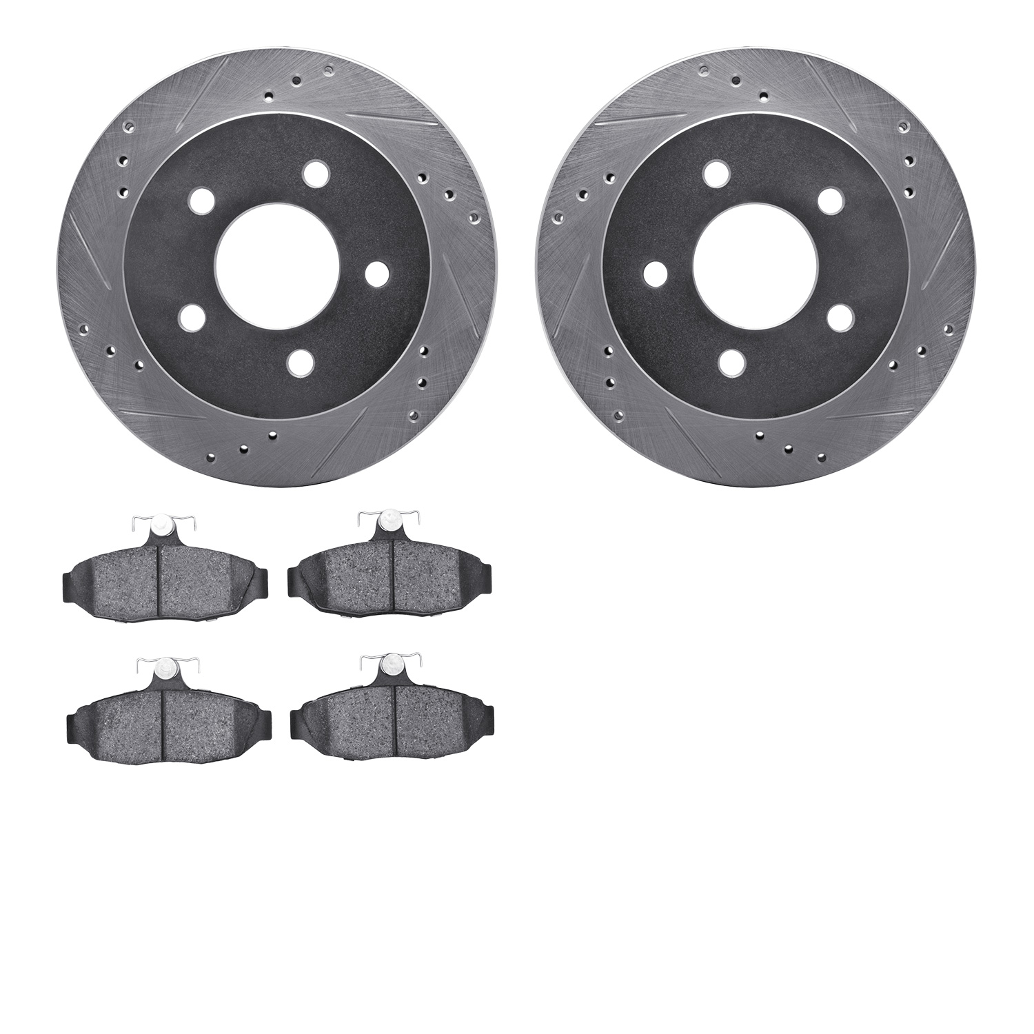 7502-55859 Drilled/Slotted Brake Rotors w/5000 Advanced Brake Pads Kit [Silver], 1991-1992 Ford/Lincoln/Mercury/Mazda, Position: