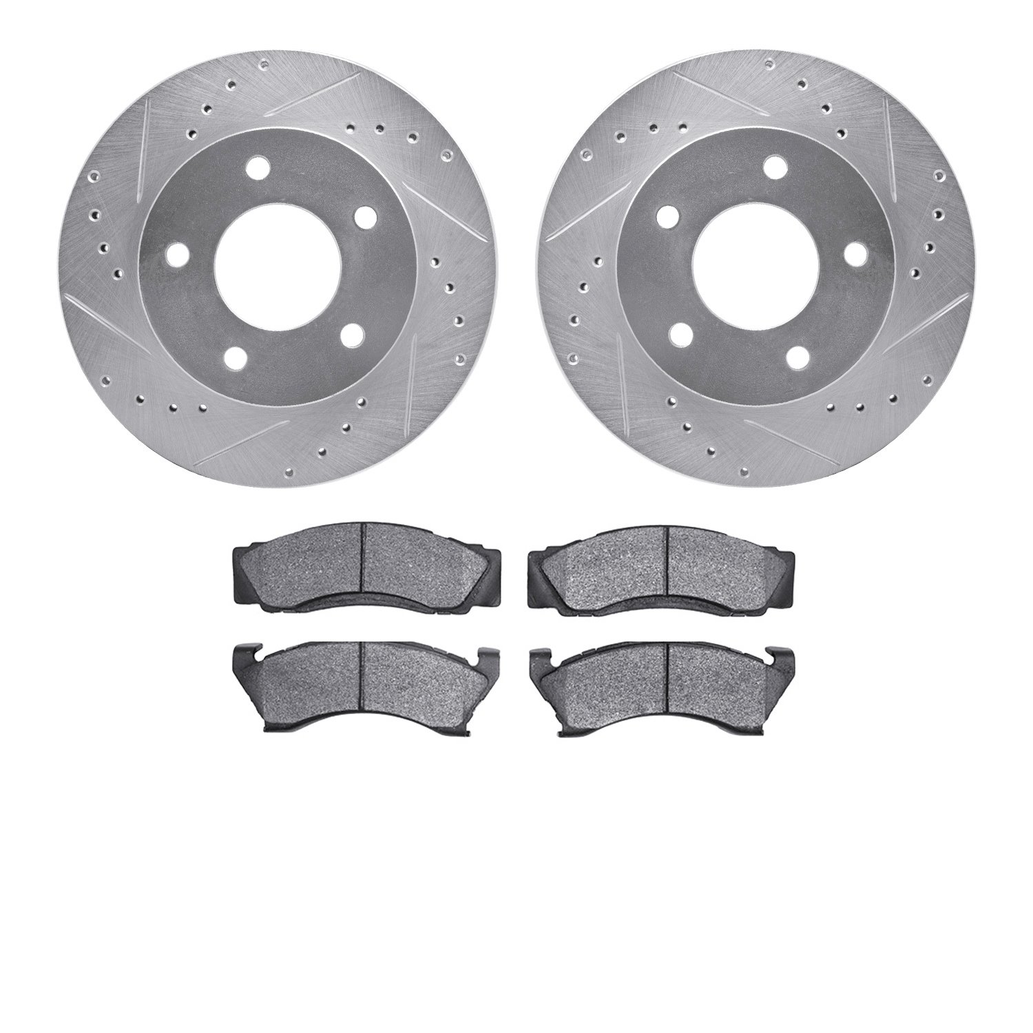 7502-56000 Drilled/Slotted Brake Rotors w/5000 Advanced Brake Pads Kit [Silver], 1975-1979 Ford/Lincoln/Mercury/Mazda, Position: