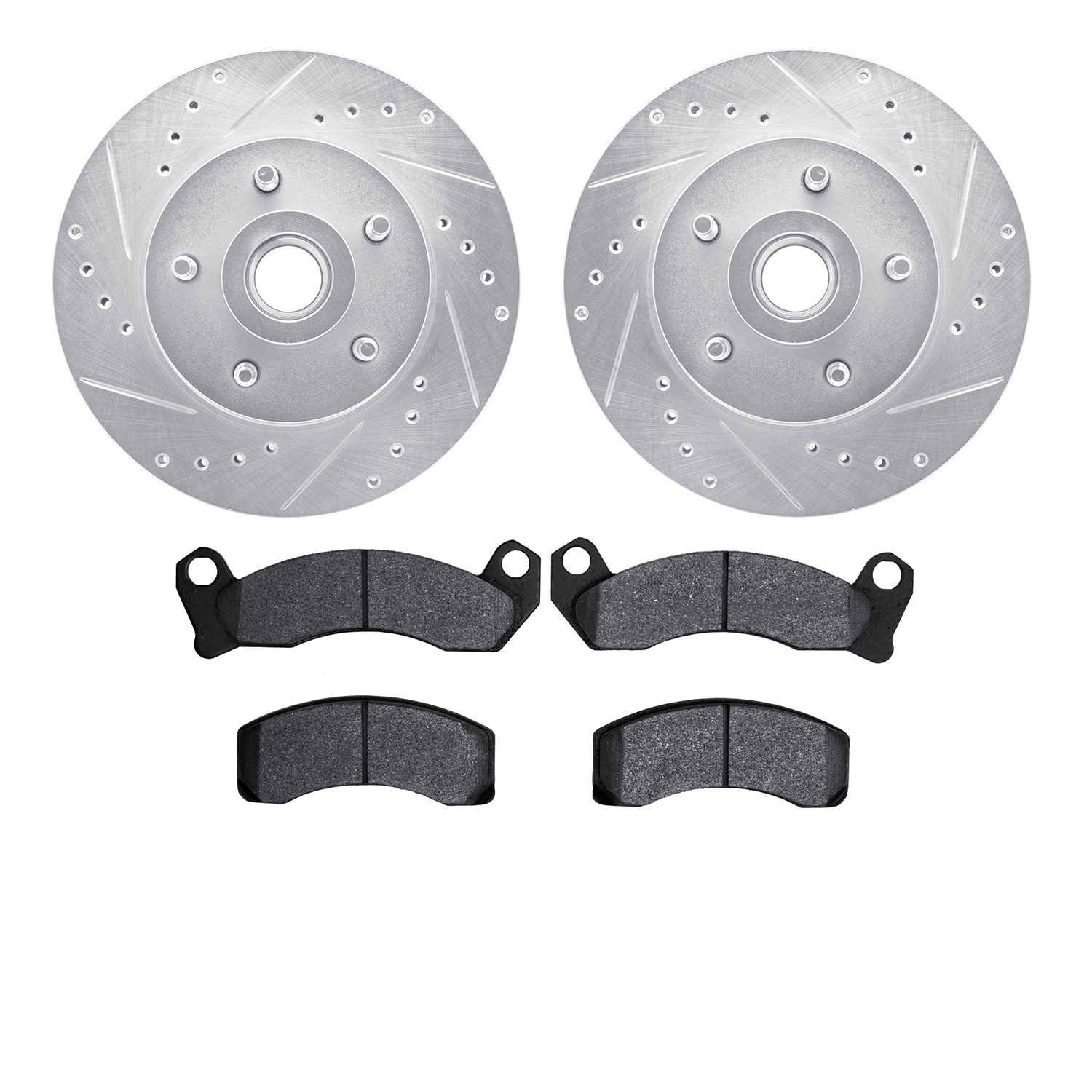 7502-56034 Drilled/Slotted Brake Rotors w/5000 Advanced Brake Pads Kit [Silver], 1981-1991 Ford/Lincoln/Mercury/Mazda, Position:
