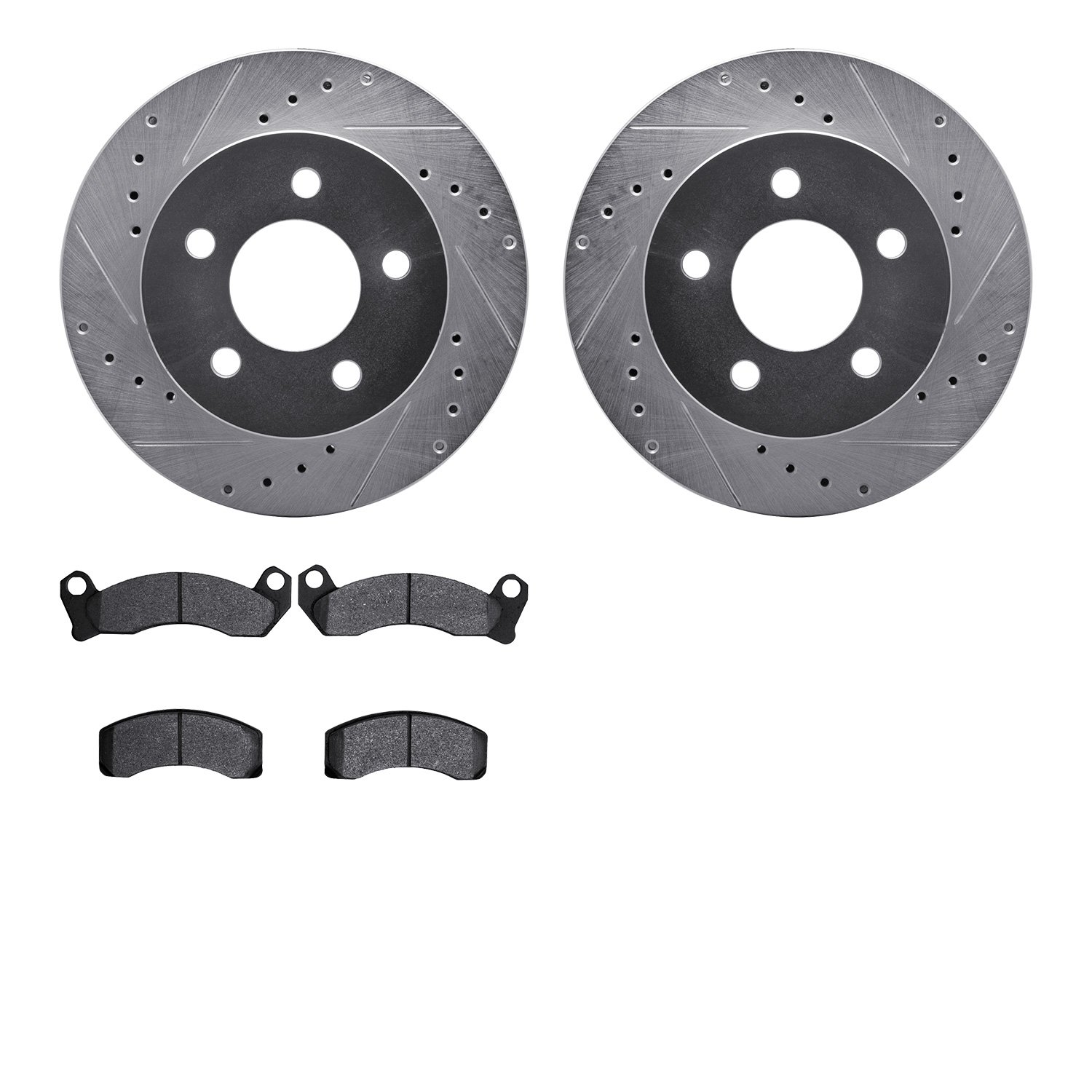 7502-56040 Drilled/Slotted Brake Rotors w/5000 Advanced Brake Pads Kit [Silver], 1991-1994 Ford/Lincoln/Mercury/Mazda, Position: