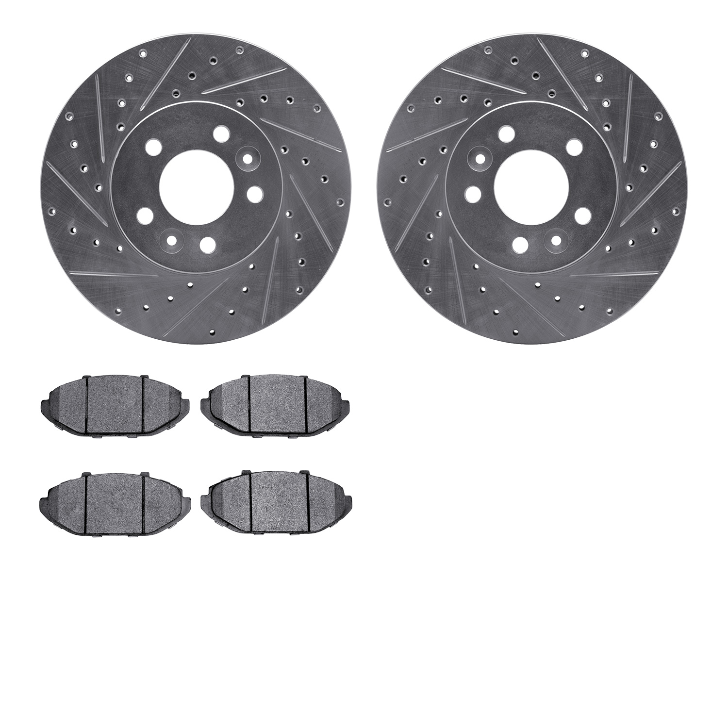 7502-56085 Drilled/Slotted Brake Rotors w/5000 Advanced Brake Pads Kit [Silver], 1998-2002 Ford/Lincoln/Mercury/Mazda, Position: