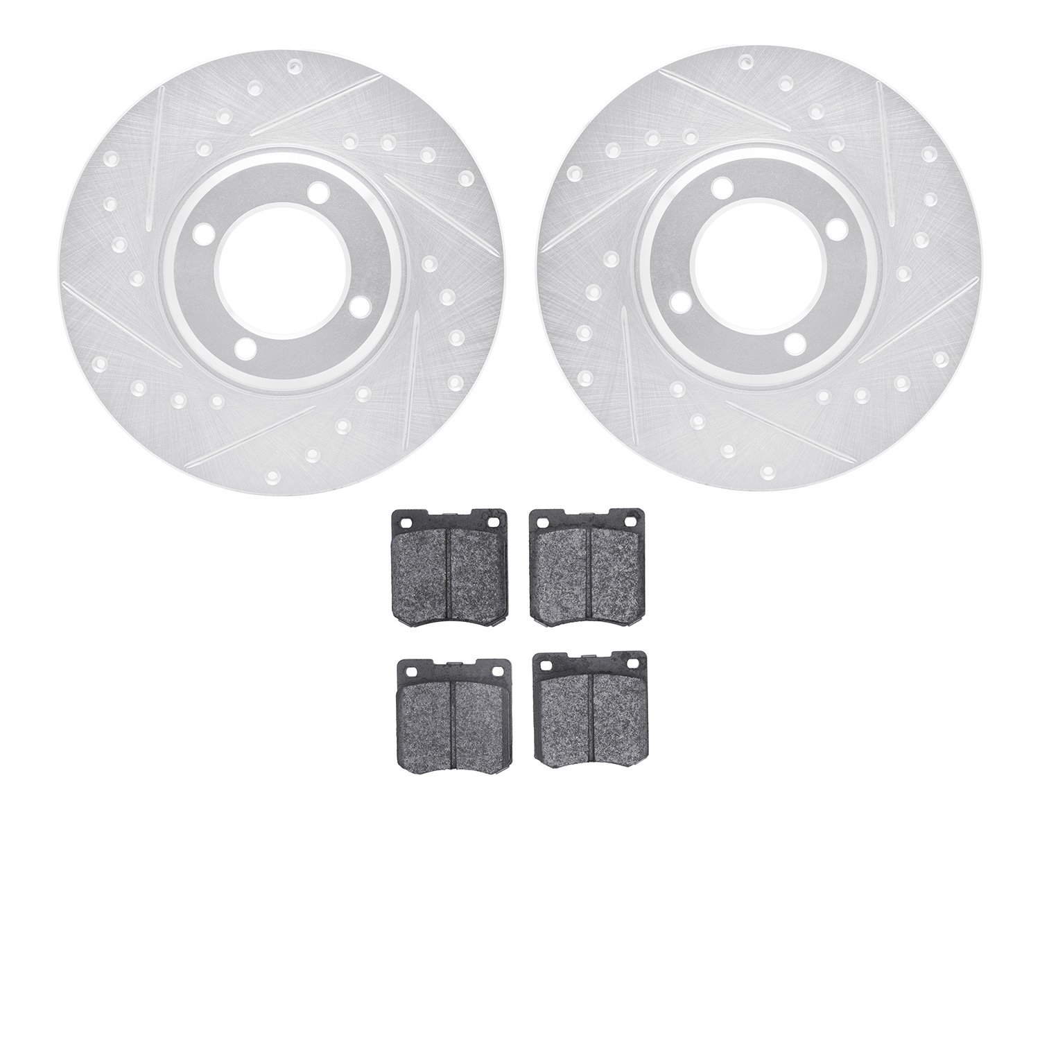 7502-56088 Drilled/Slotted Brake Rotors w/5000 Advanced Brake Pads Kit [Silver], 1964-1967 Ford/Lincoln/Mercury/Mazda, Position: