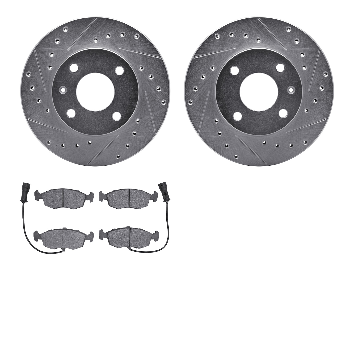 7502-57001 Drilled/Slotted Brake Rotors w/5000 Advanced Brake Pads Kit [Silver], 1985-1989 Ford/Lincoln/Mercury/Mazda, Position: