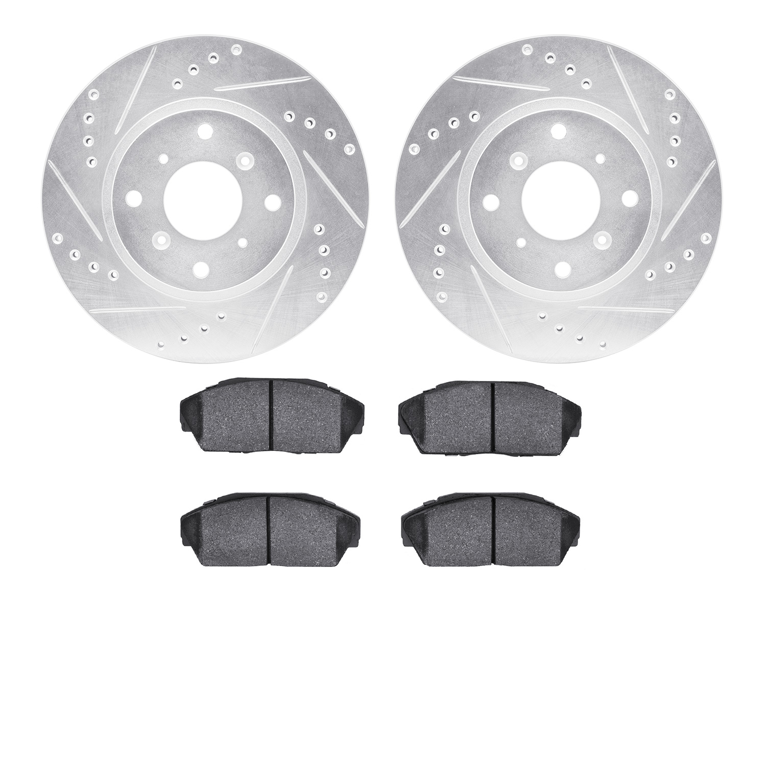 7502-58003 Drilled/Slotted Brake Rotors w/5000 Advanced Brake Pads Kit [Silver], 1987-1990 Acura/Honda, Position: Front