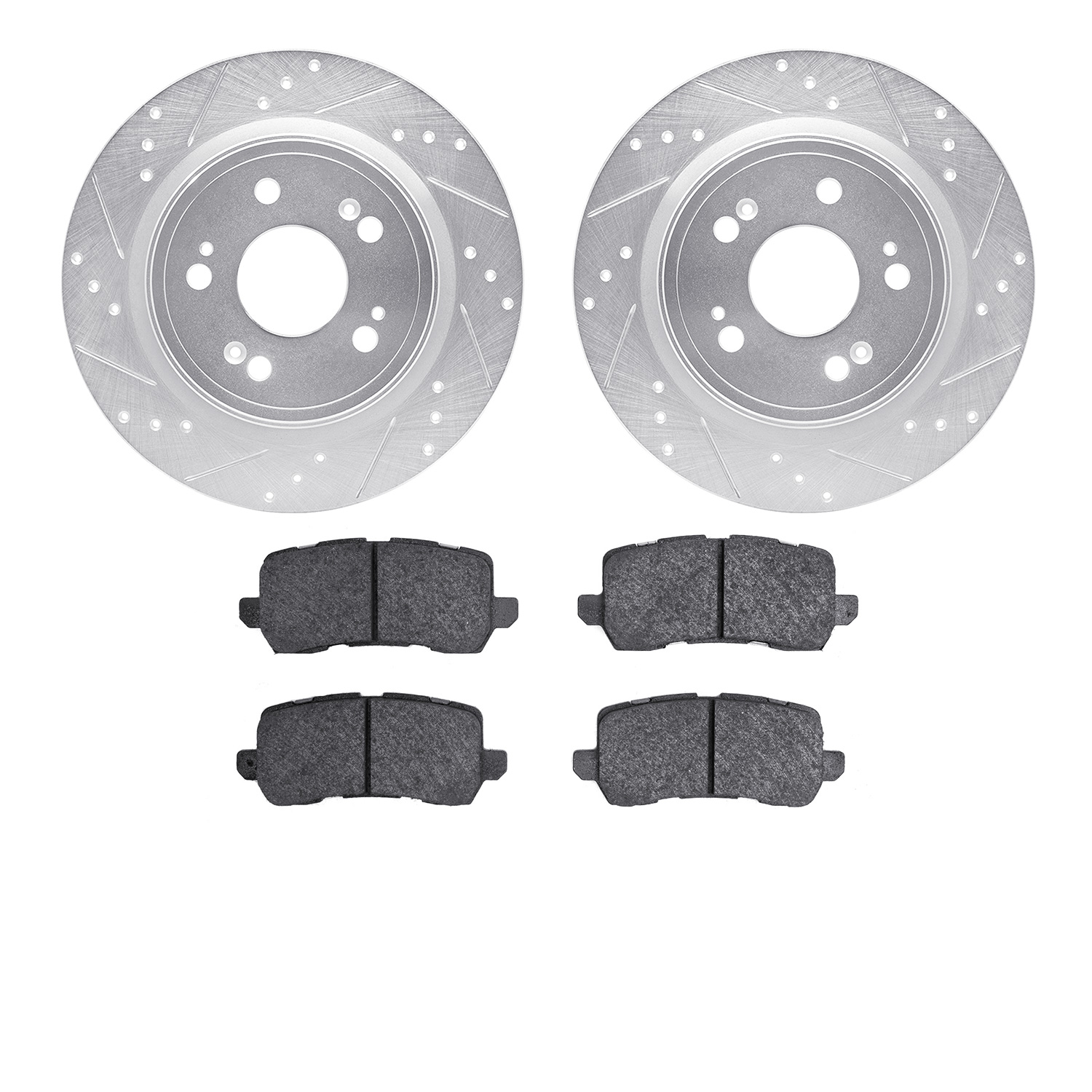7502-58028 Drilled/Slotted Brake Rotors w/5000 Advanced Brake Pads Kit [Silver], 2014-2020 Acura/Honda, Position: Rear