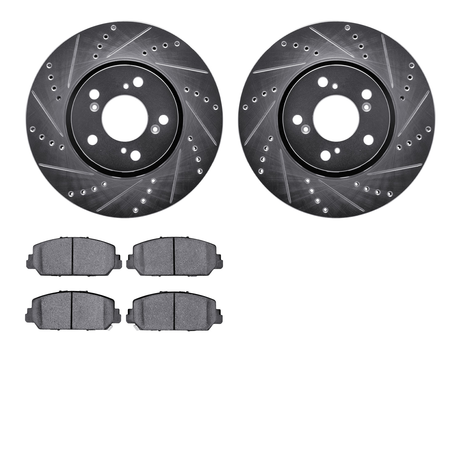 7502-58029 Drilled/Slotted Brake Rotors w/5000 Advanced Brake Pads Kit [Silver], 2014-2020 Acura/Honda, Position: Front