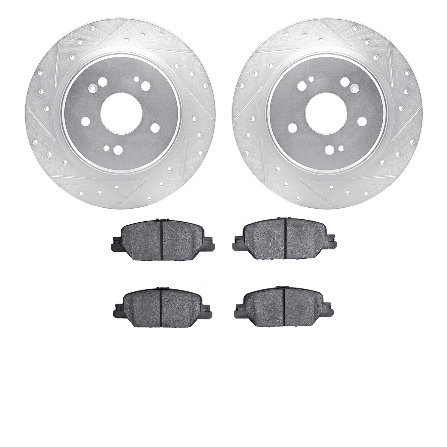 7502-58037 Drilled/Slotted Brake Rotors w/5000 Advanced Brake Pads Kit [Silver], Fits Select Acura/Honda, Position: Rear