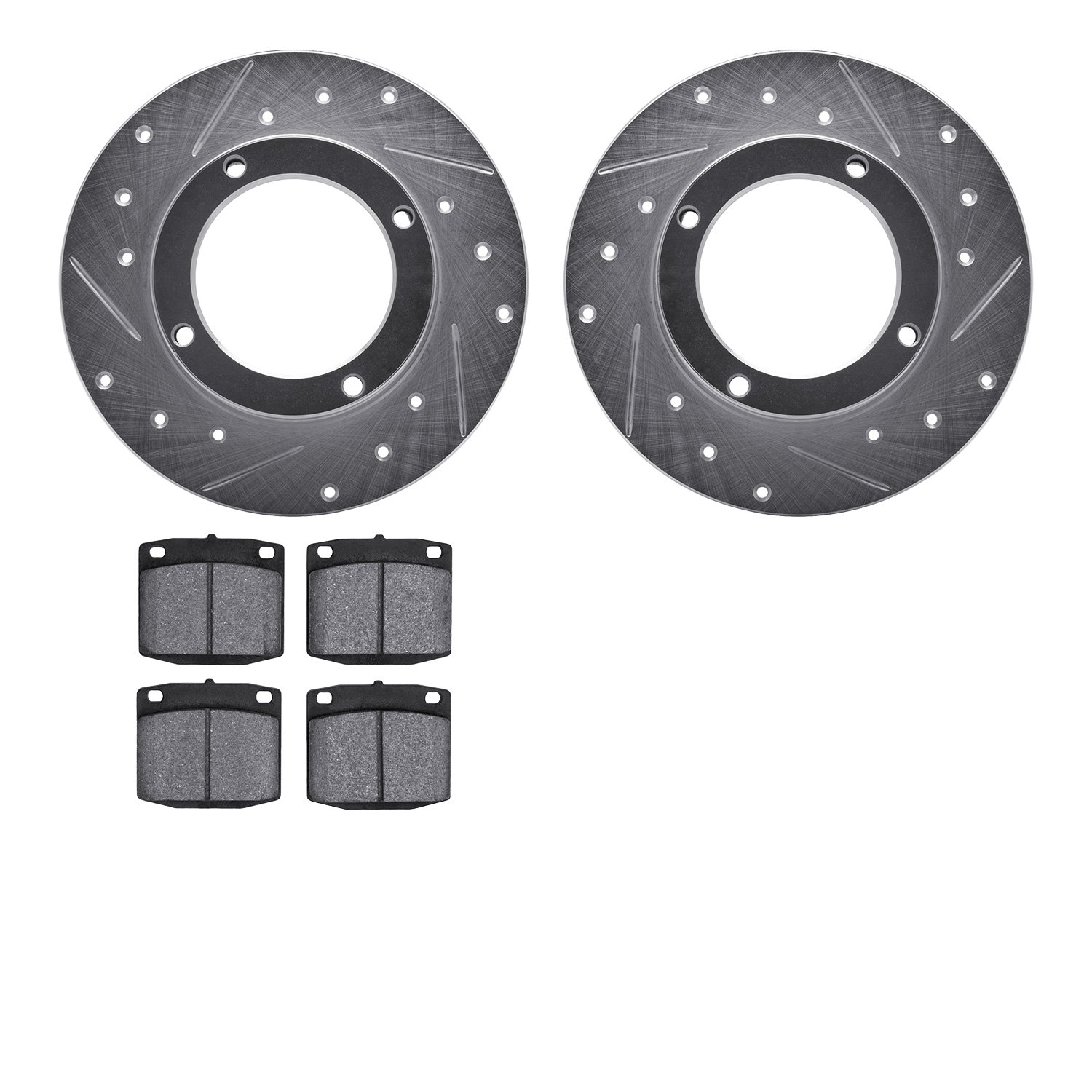 7502-59000 Drilled/Slotted Brake Rotors w/5000 Advanced Brake Pads Kit [Silver], 1975-1979 Acura/Honda, Position: Front