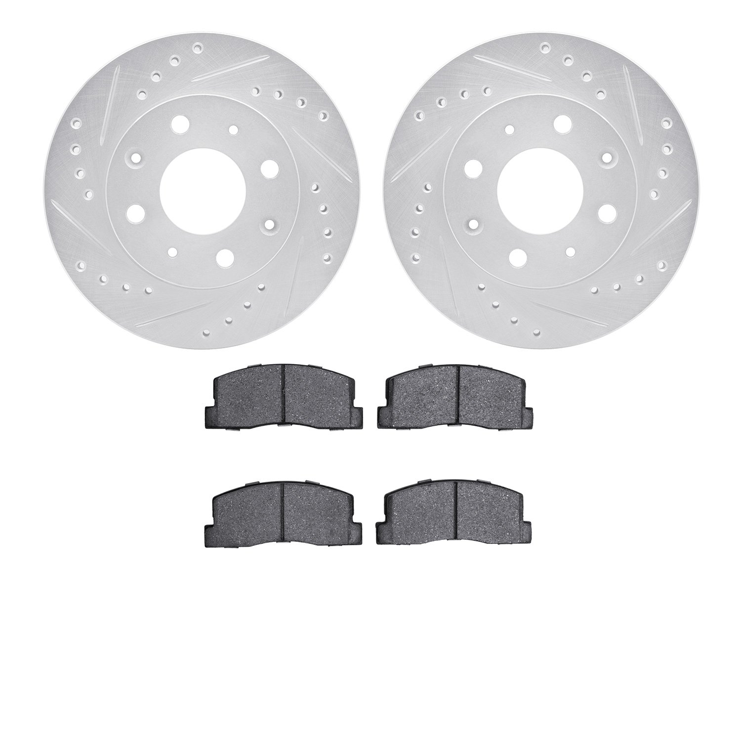 7502-59001 Drilled/Slotted Brake Rotors w/5000 Advanced Brake Pads Kit [Silver], 1982-1983 Acura/Honda, Position: Front