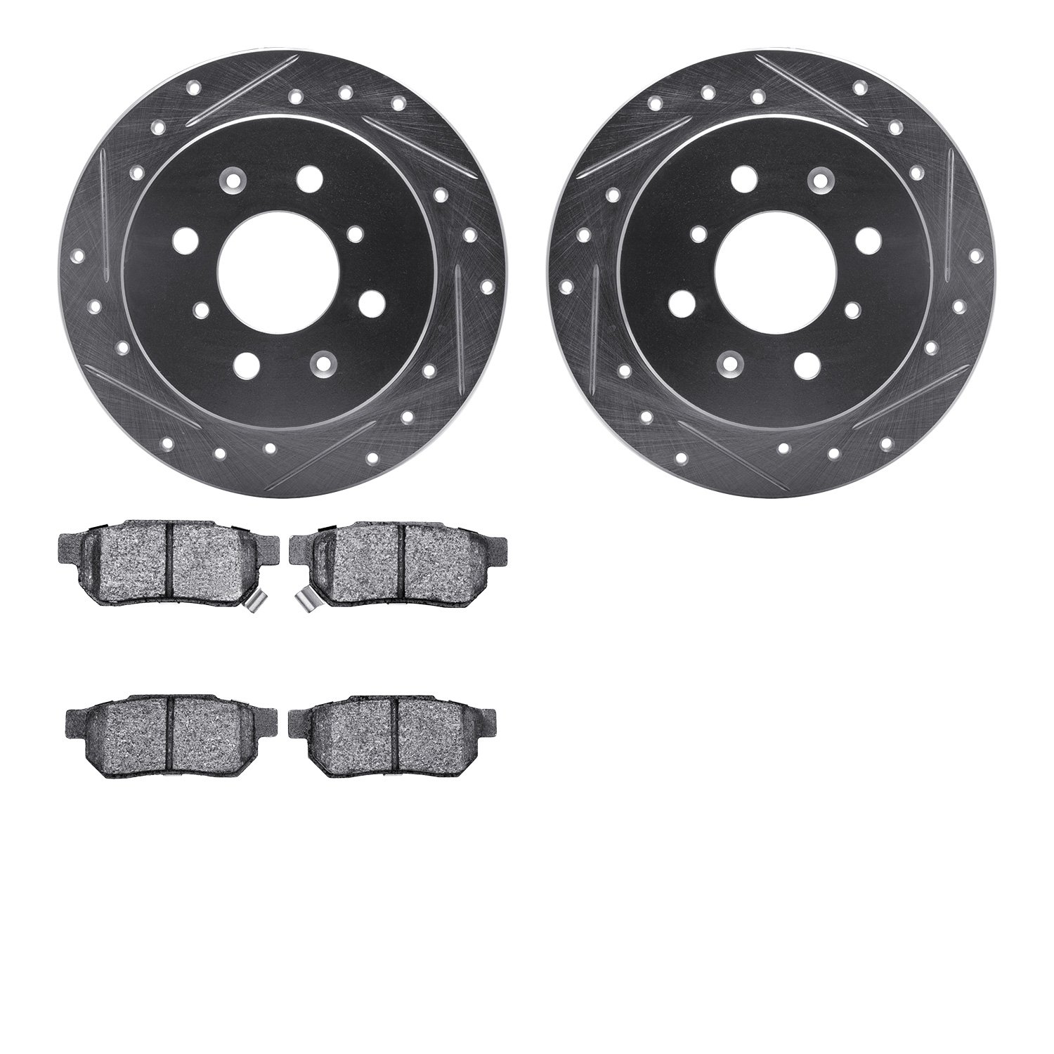 7502-59008 Drilled/Slotted Brake Rotors w/5000 Advanced Brake Pads Kit [Silver], 1988-2001 Acura/Honda, Position: Rear