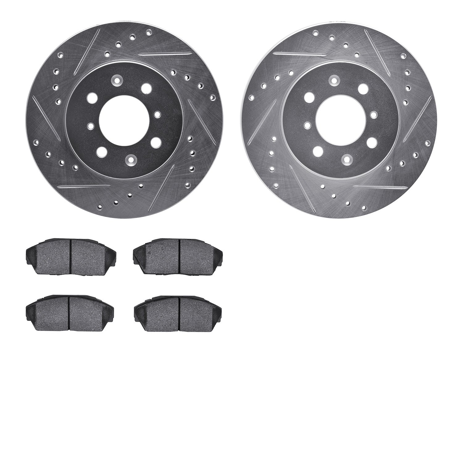 7502-59011 Drilled/Slotted Brake Rotors w/5000 Advanced Brake Pads Kit [Silver], 1990-1993 Acura/Honda, Position: Front