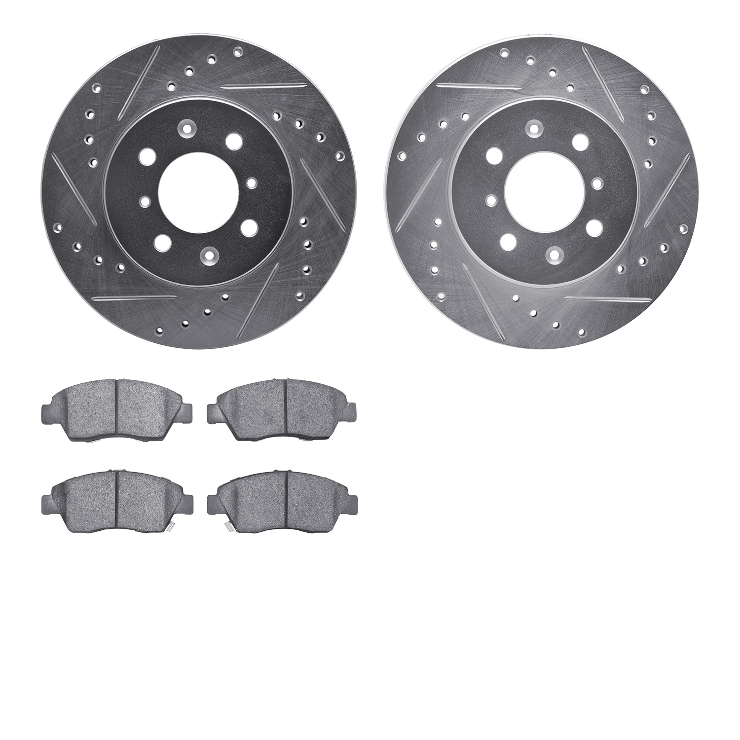 7502-59013 Drilled/Slotted Brake Rotors w/5000 Advanced Brake Pads Kit [Silver], 1993-2008 Acura/Honda, Position: Front