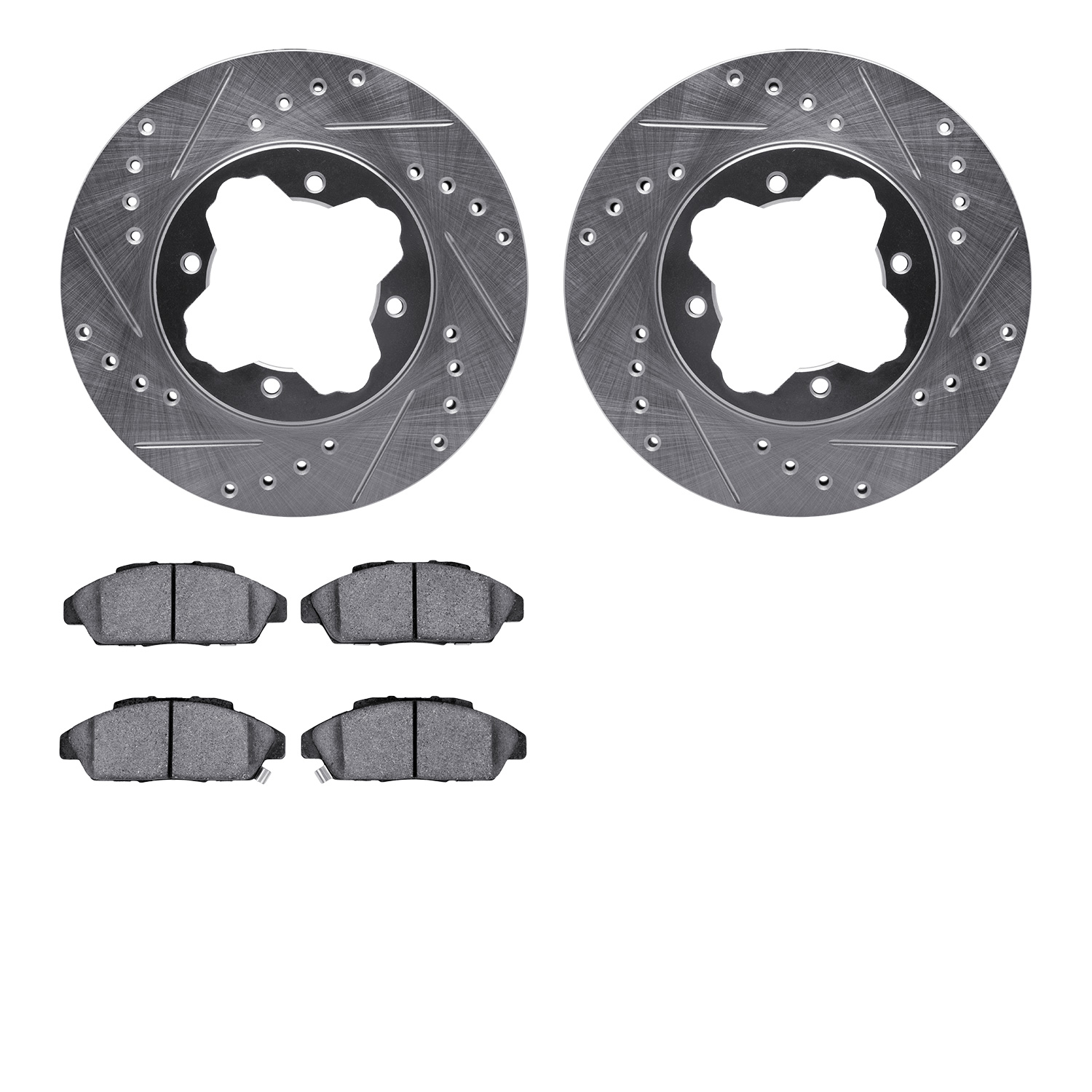 7502-59017 Drilled/Slotted Brake Rotors w/5000 Advanced Brake Pads Kit [Silver], 1990-1993 Acura/Honda, Position: Front