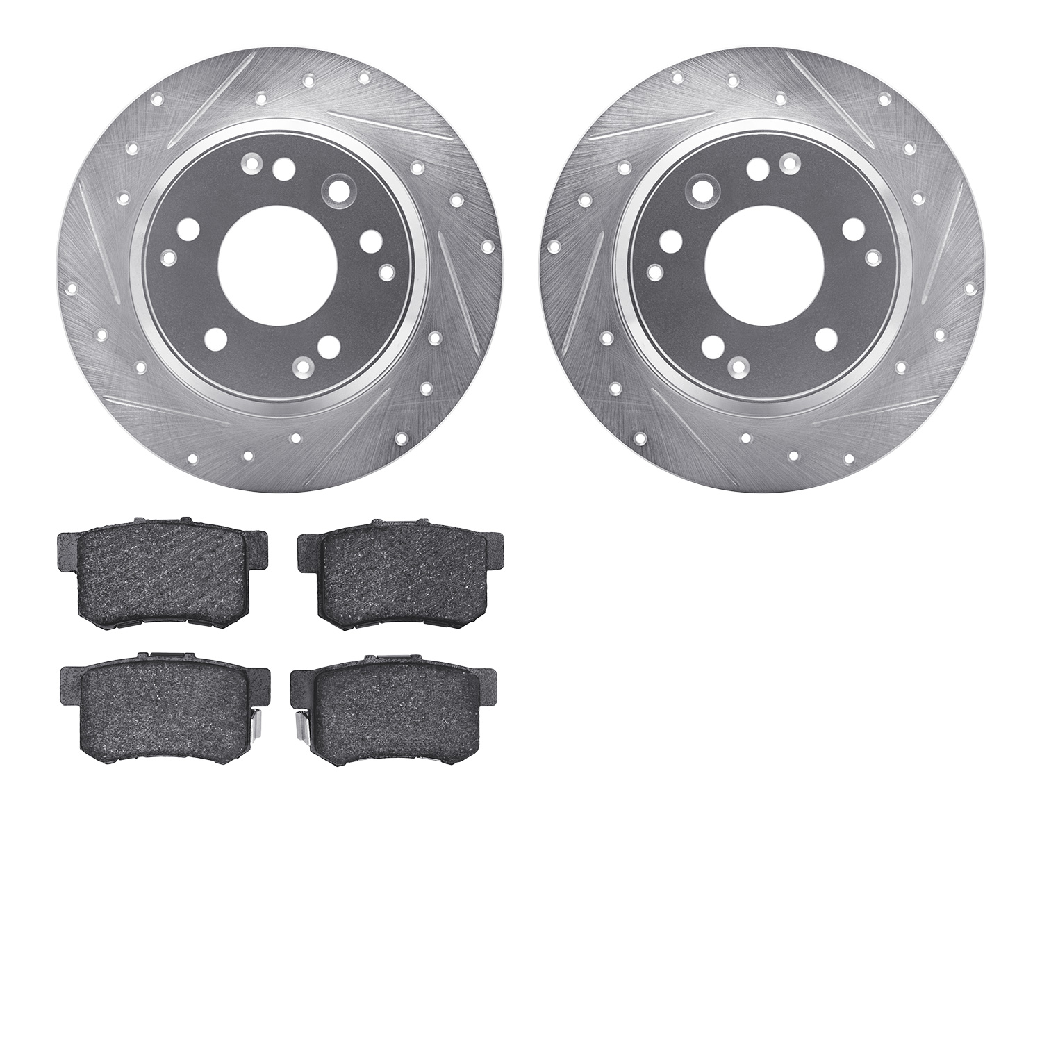 7502-59049 Drilled/Slotted Brake Rotors w/5000 Advanced Brake Pads Kit [Silver], 1995-1998 Acura/Honda, Position: Rear