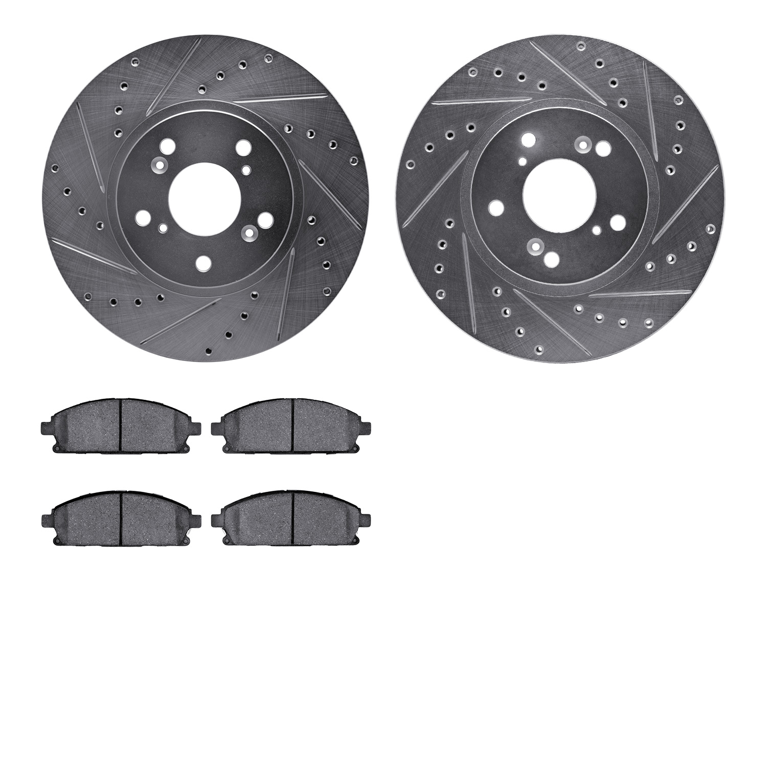7502-59057 Drilled/Slotted Brake Rotors w/5000 Advanced Brake Pads Kit [Silver], 2003-2006 Acura/Honda, Position: Front