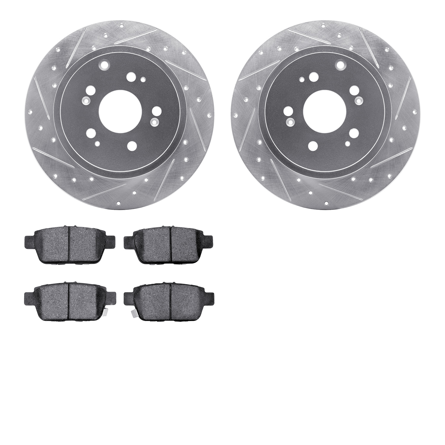 7502-59078 Drilled/Slotted Brake Rotors w/5000 Advanced Brake Pads Kit [Silver], 2006-2014 Acura/Honda, Position: Rear