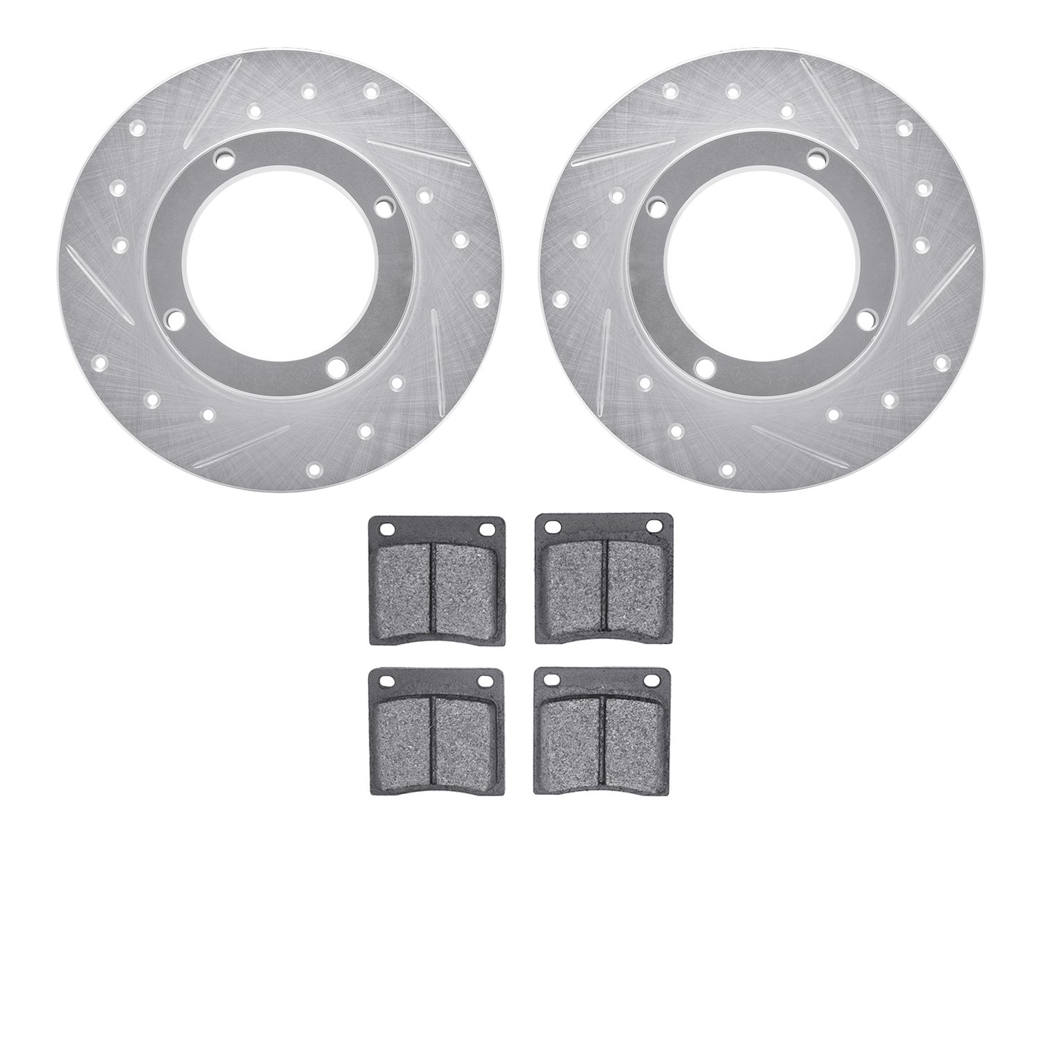 7502-59093 Drilled/Slotted Brake Rotors w/5000 Advanced Brake Pads Kit [Silver], 1973-1974 Acura/Honda, Position: Front