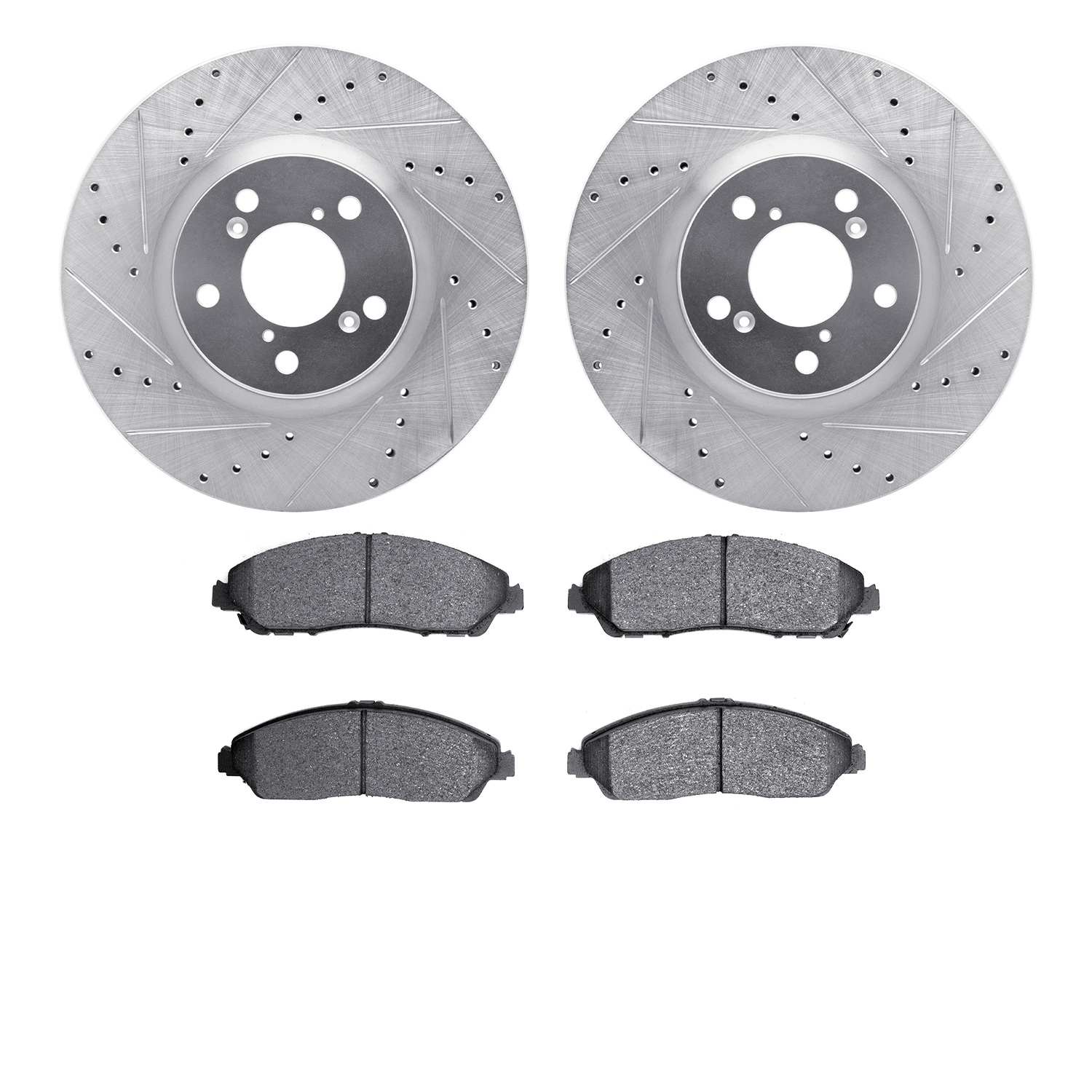 7502-59100 Drilled/Slotted Brake Rotors w/5000 Advanced Brake Pads Kit [Silver], 2007-2015 Acura/Honda, Position: Front