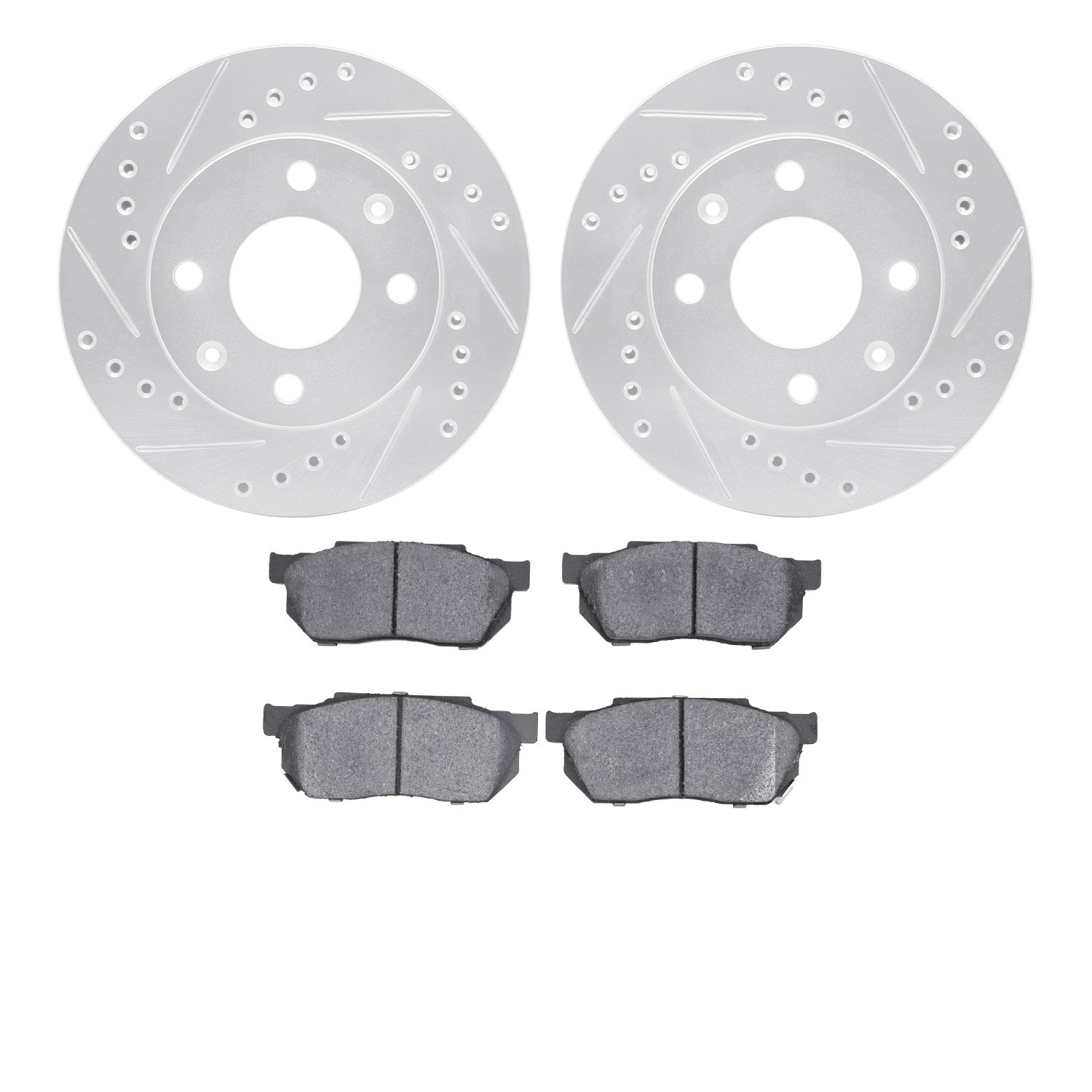 7502-59105 Drilled/Slotted Brake Rotors w/5000 Advanced Brake Pads Kit [Silver], 1983-1987 Acura/Honda, Position: Front