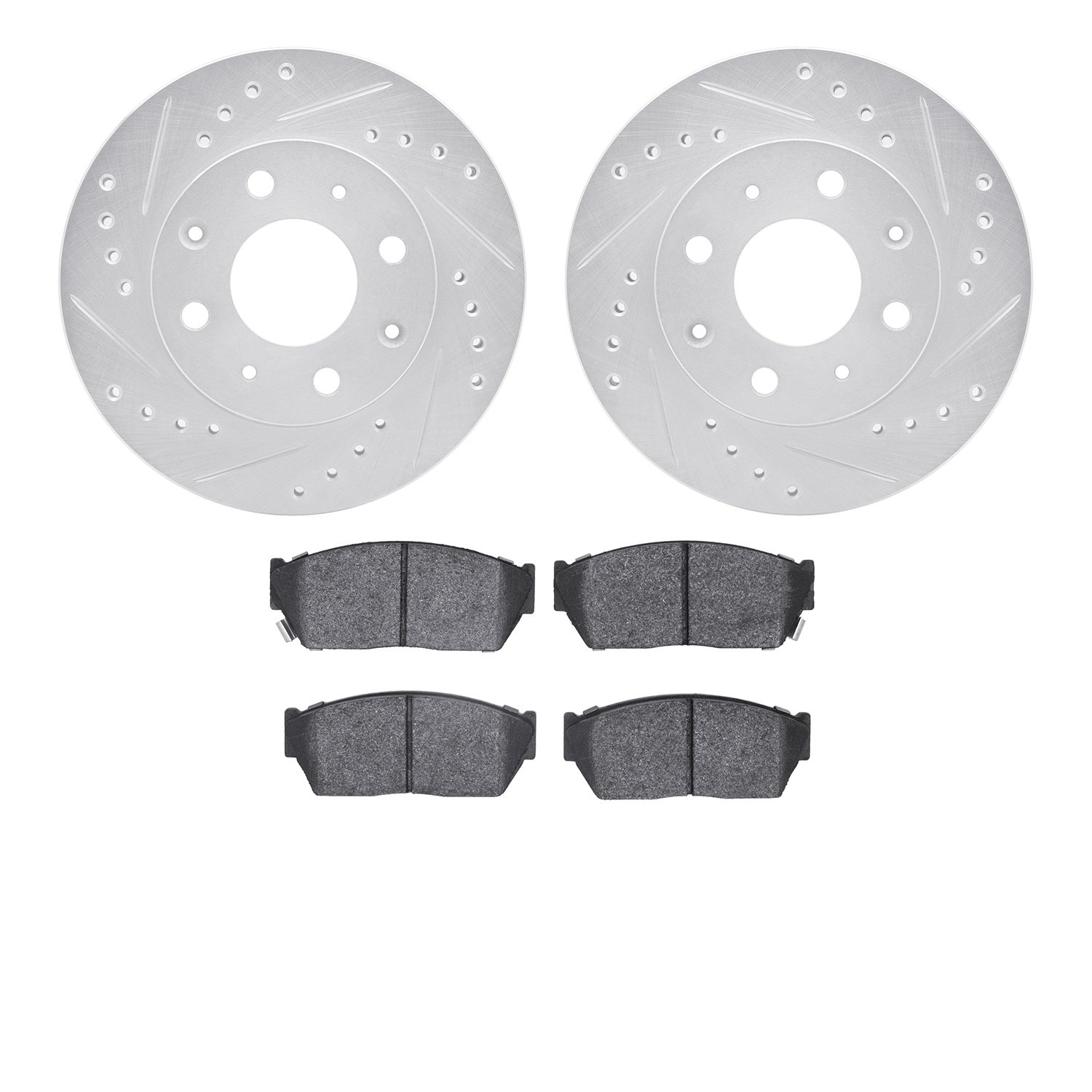 7502-59111 Drilled/Slotted Brake Rotors w/5000 Advanced Brake Pads Kit [Silver], 1983-1983 Acura/Honda, Position: Front