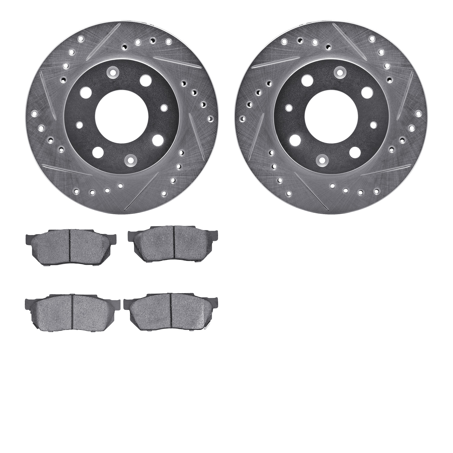 7502-59118 Drilled/Slotted Brake Rotors w/5000 Advanced Brake Pads Kit [Silver], 1984-2006 Acura/Honda, Position: Front