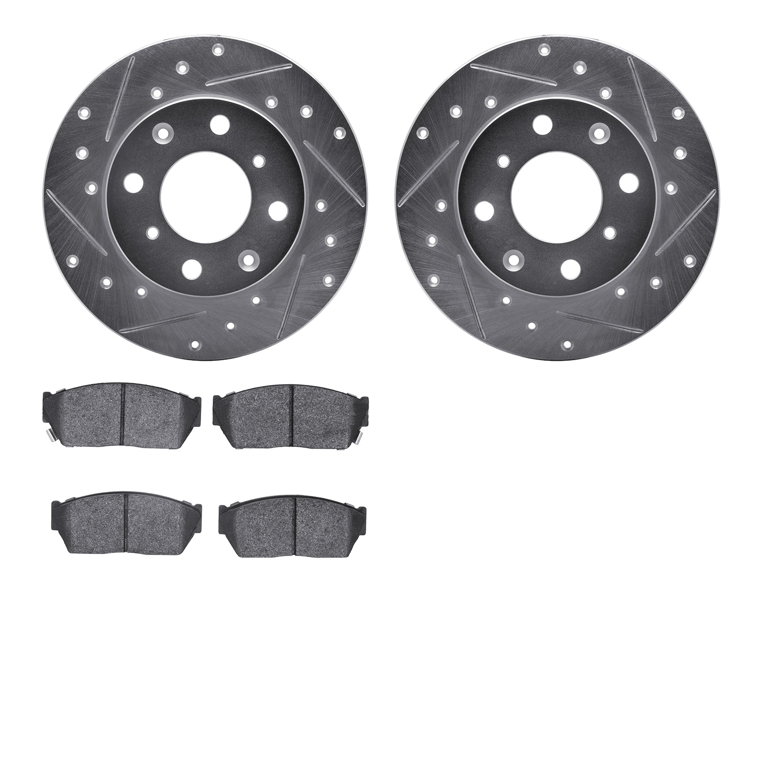 7502-59130 Drilled/Slotted Brake Rotors w/5000 Advanced Brake Pads Kit [Silver], 1982-1983 Acura/Honda, Position: Front