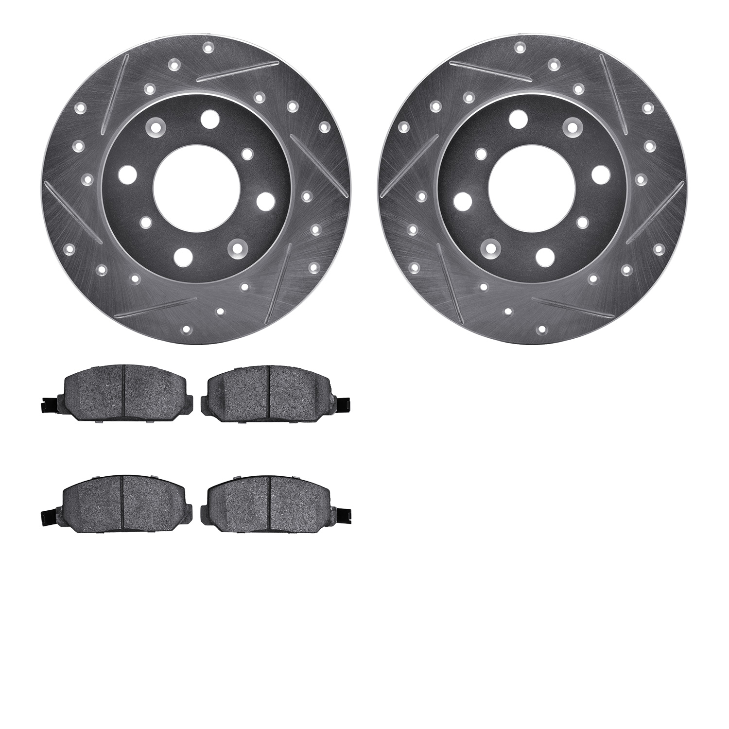 7502-59131 Drilled/Slotted Brake Rotors w/5000 Advanced Brake Pads Kit [Silver], 1980-1982 Acura/Honda, Position: Front